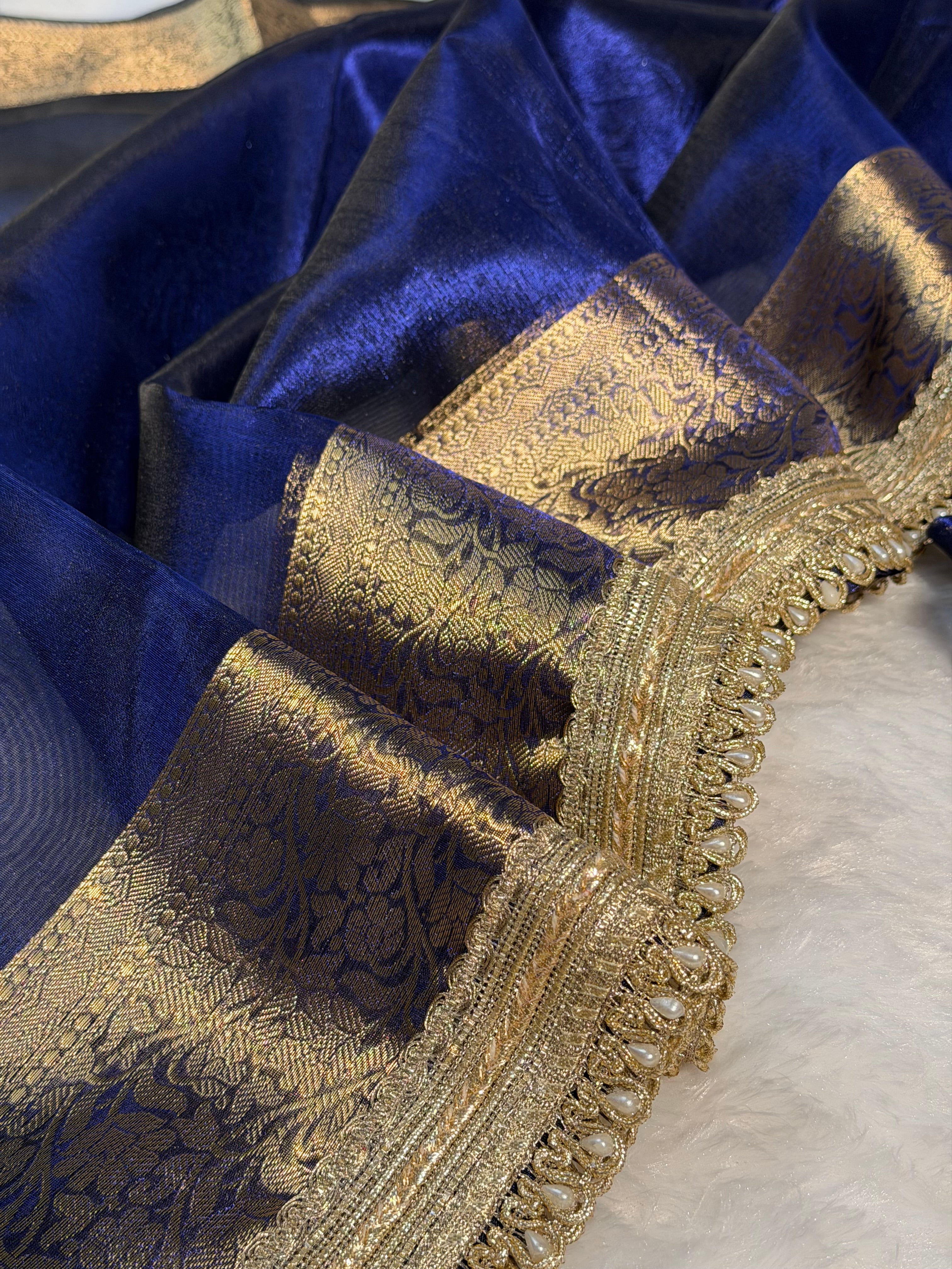 Metallic Blue Premium Tissue Silk Moti Lace Attached Banarasi Saree