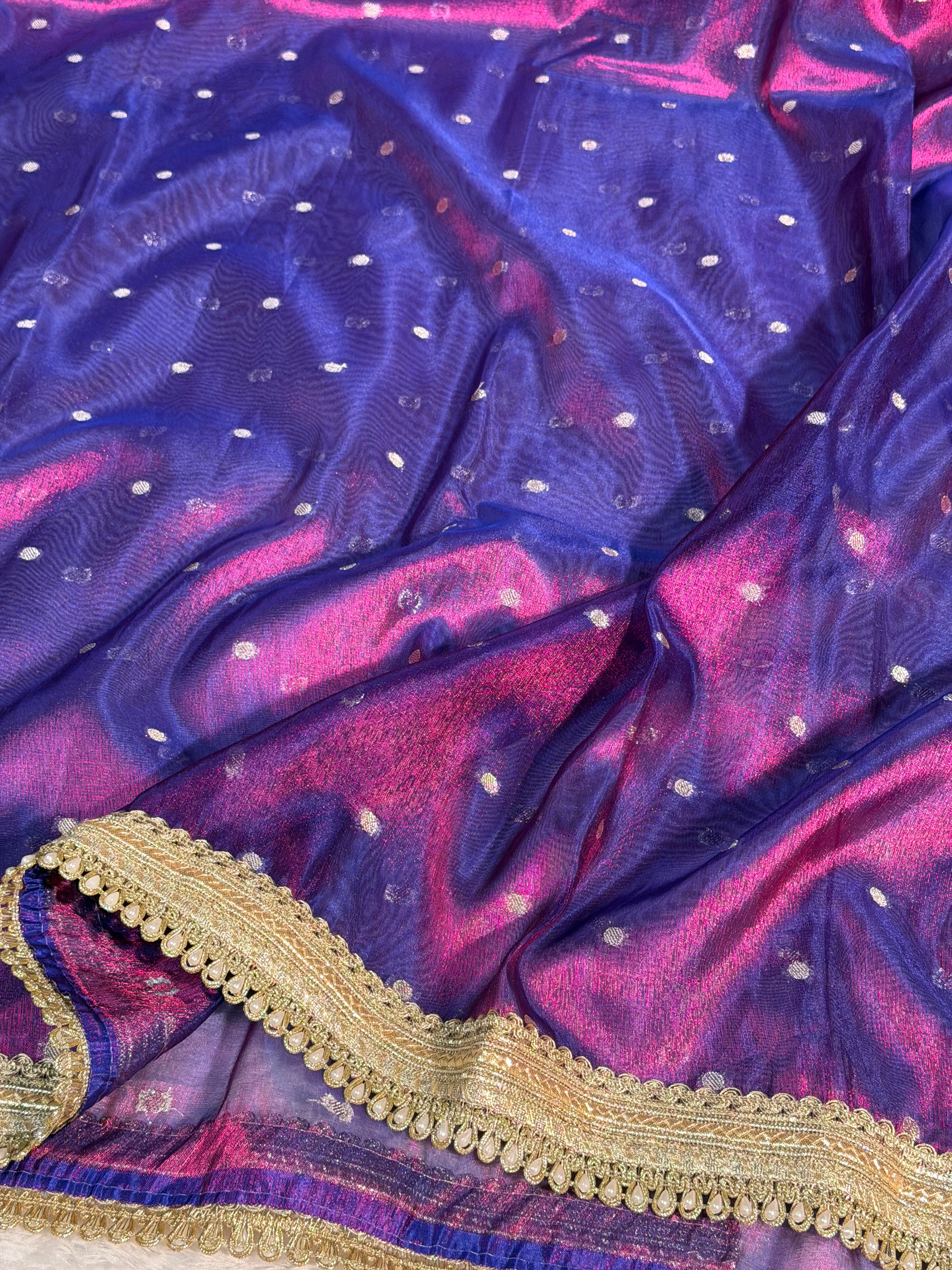 Rare Baigani Premium Tissue Silk Banarasi Saree with Moti Lace Work