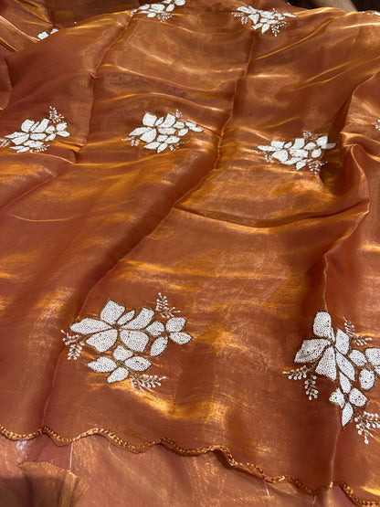 Beautiful Rust Bridal Tissue Silk Saree With Premium Sequence work