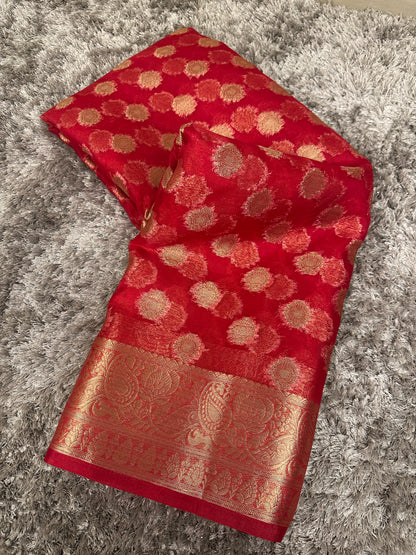 Beautiful Red Organza Silk Banarasi Saree with Premium Lace
