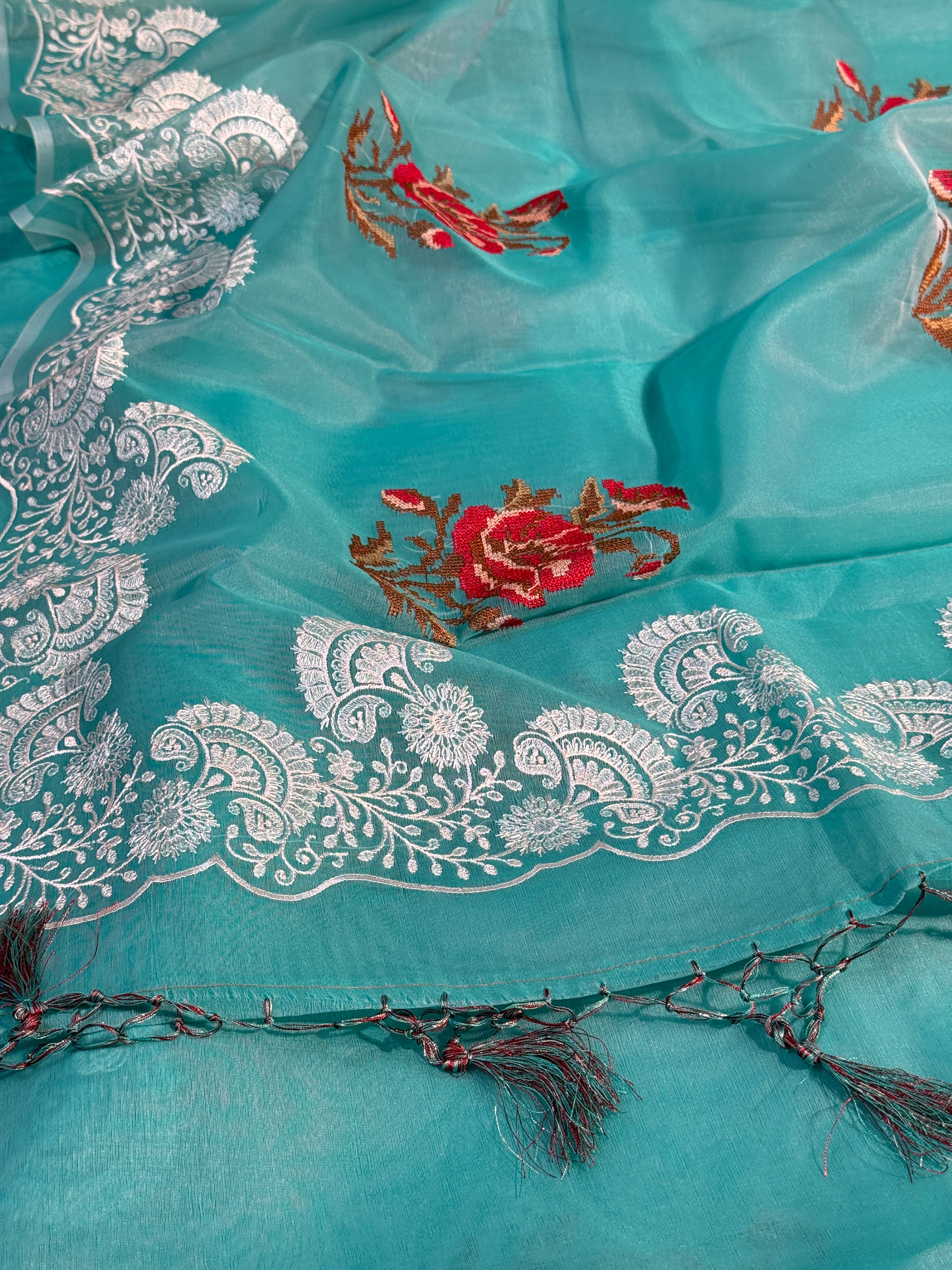 Pretty Seagreen Multi Floral Chikankari Banarasi Organza Silk Saree