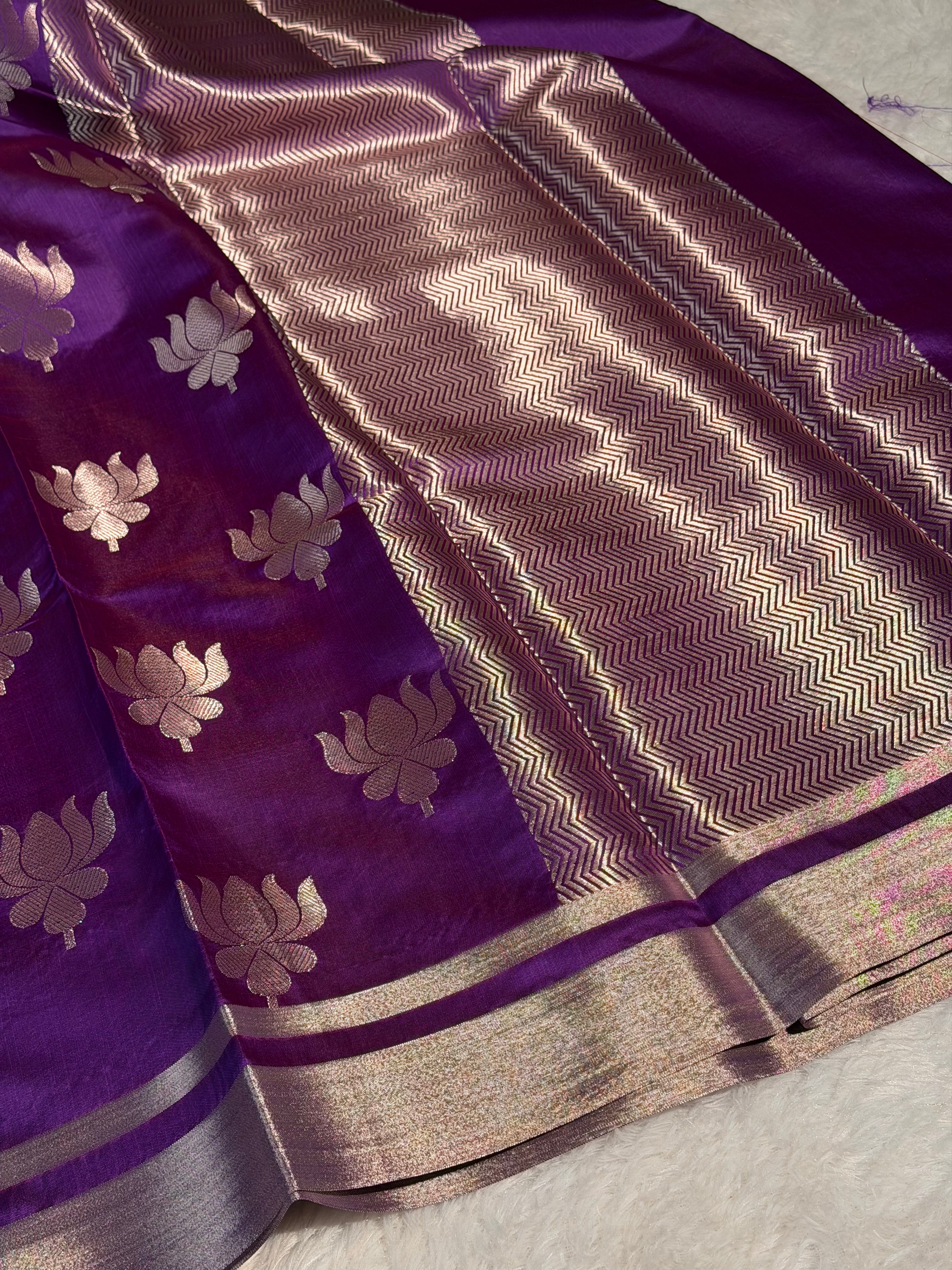 Rare Baigani Premium Soft Katan Silk Banarasi Saree with Lotus Buta Weave