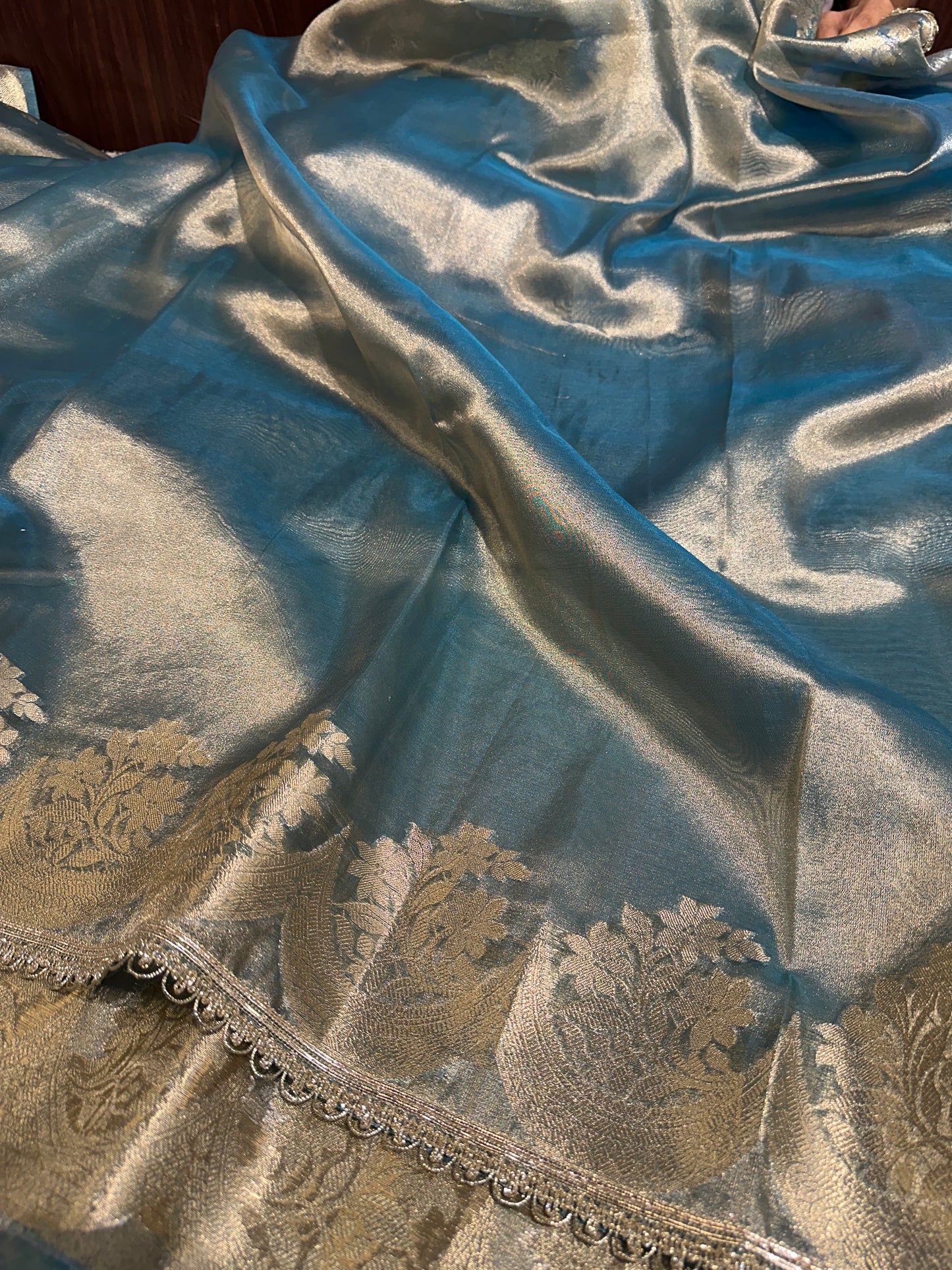 Beautiful Metallic Blue Colour Bridal Tissue Silk Saree With Lace Work