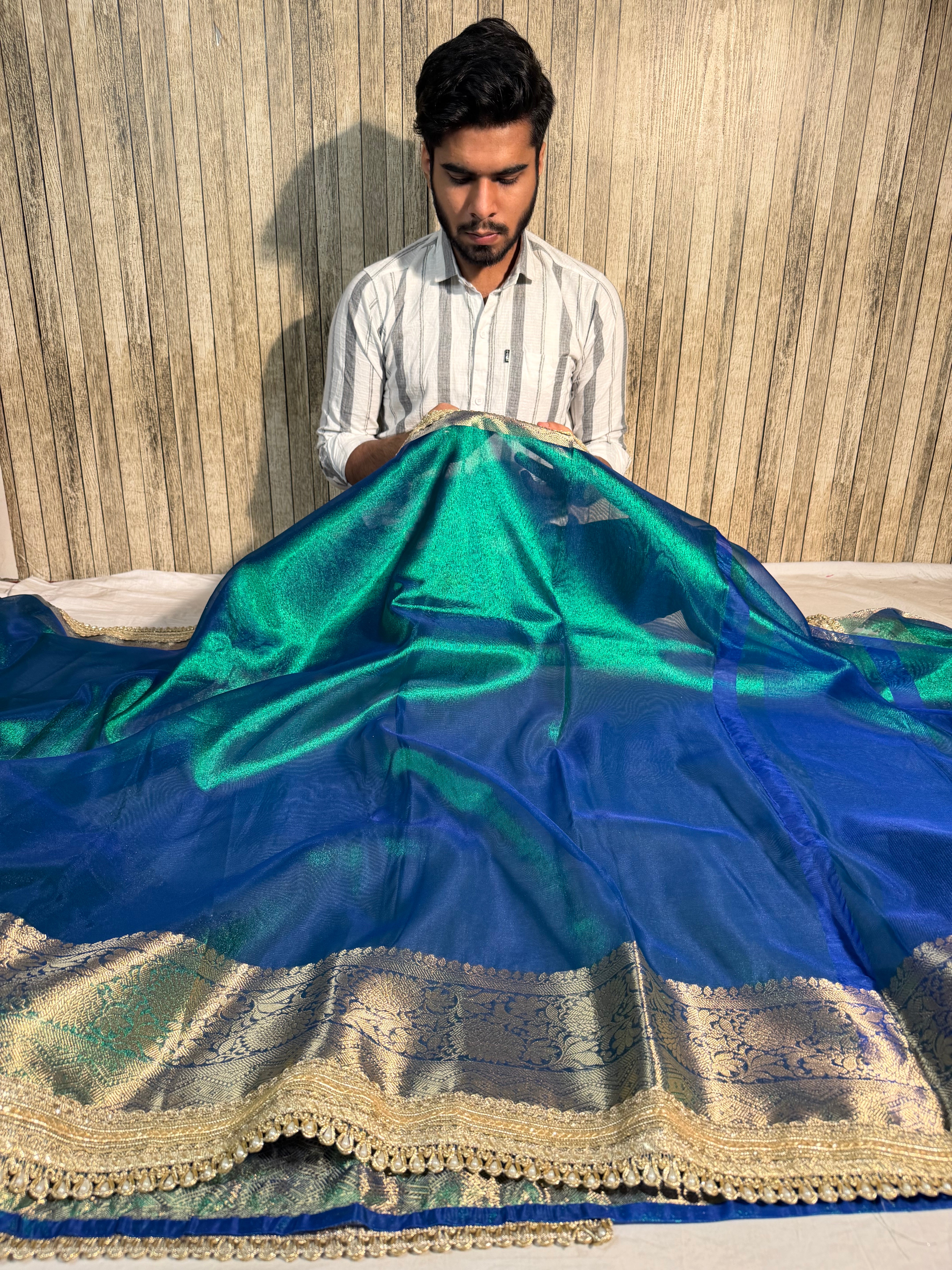 Metallic Sapphire Green Premium Tissue Silk Banarasi Saree with Moti Lace