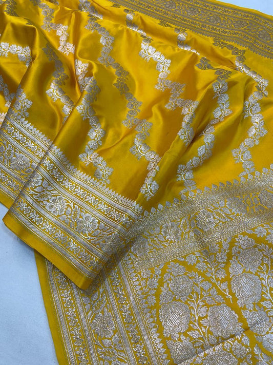 BRIDAL YELLOW MASHRU KATAN SILK LEHERIYA WEAVE BANARASI SAREE