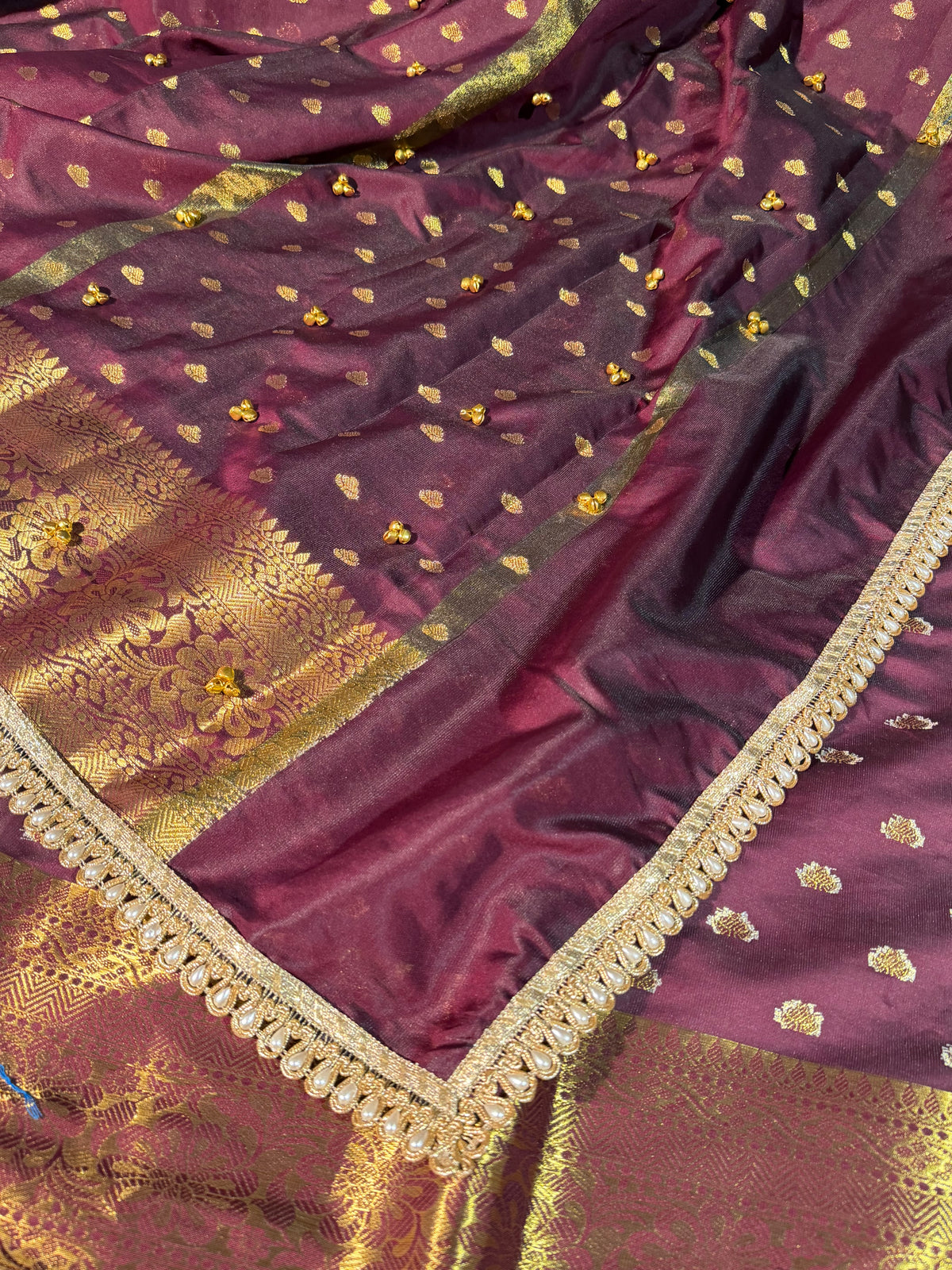 Viral Ghungroo Handwork Wine Shade Premium Katan Silk Banarasi Saree
