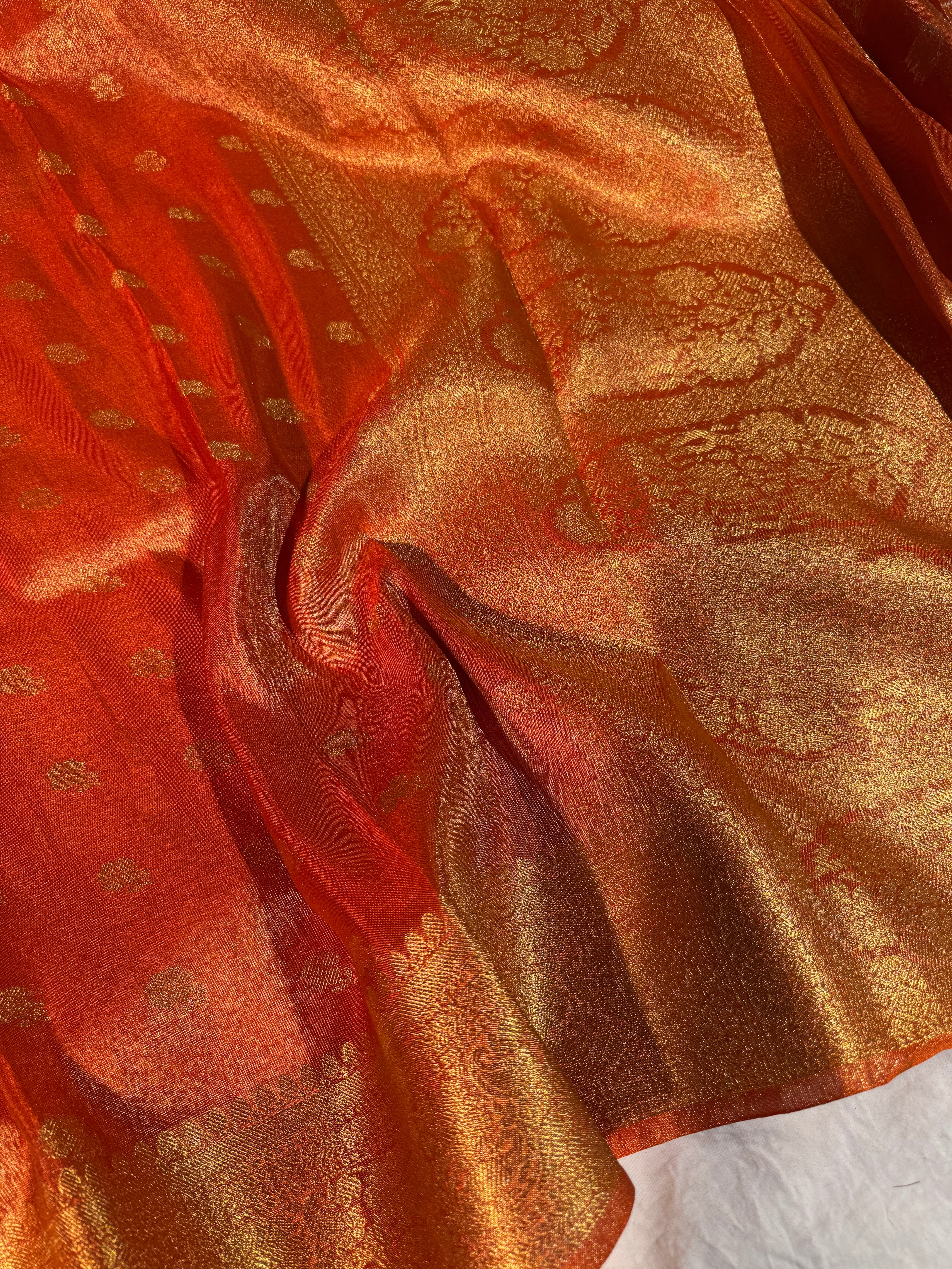 Metallic Orange Premium Breathable Tissue Silk Banarasi Saree
