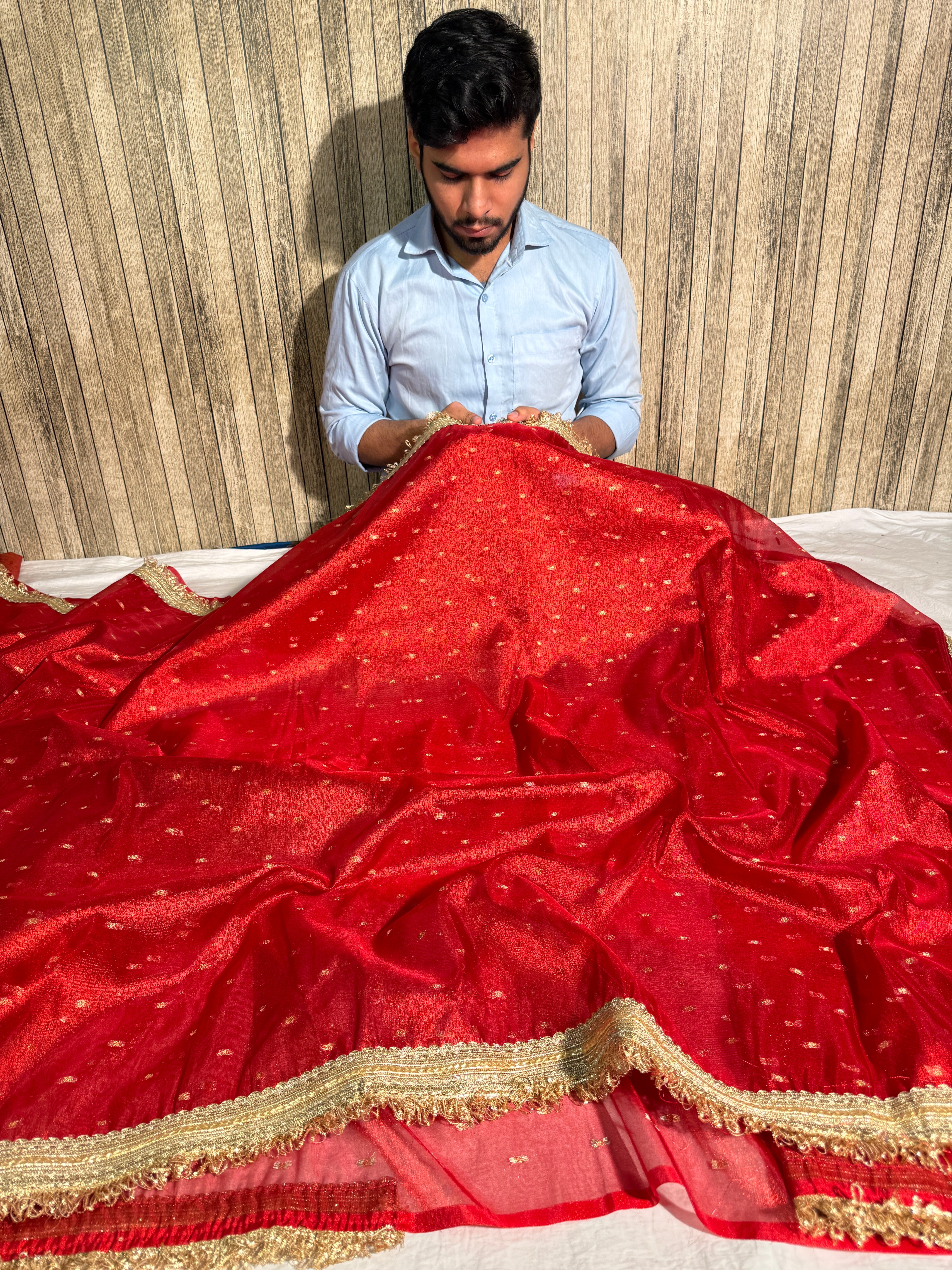 Metallic Red Premium Tissue Silk Lace Attached Banarasi Saree