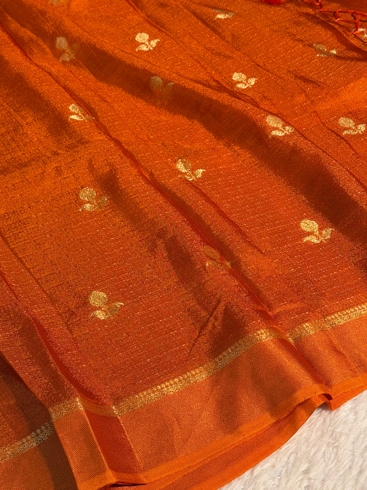 Rust Orange Premium Viscose Georgette Silk Banarasi Saree with Tassles