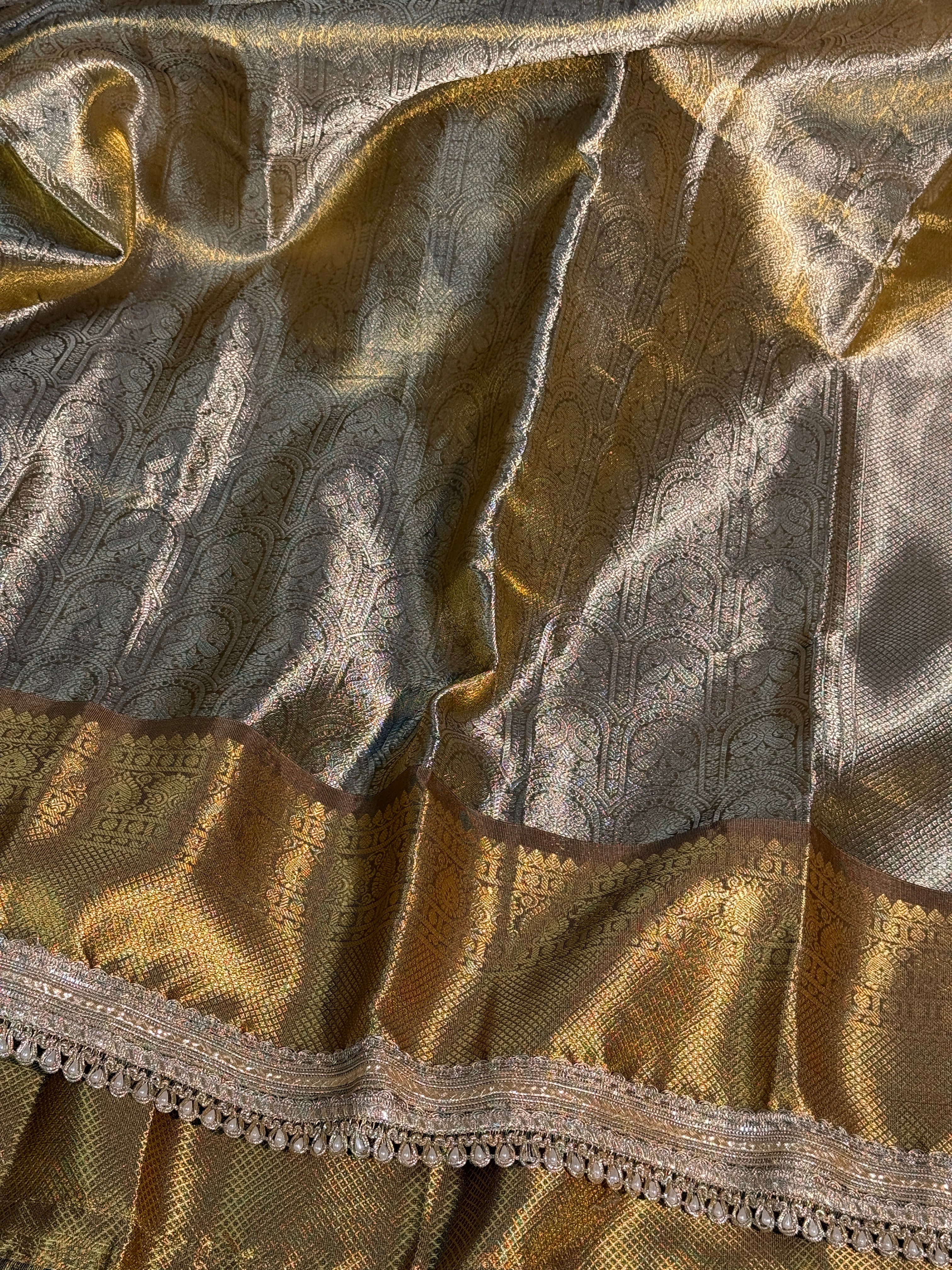 Shobhita Mam Inspired Kanjeevaram Tissue Silk Moti Lace Attached Banarasi Saree