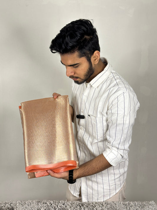 Celebrity Inspired Peach Bridal Kanjeevaram Tissue Banarasi Saree