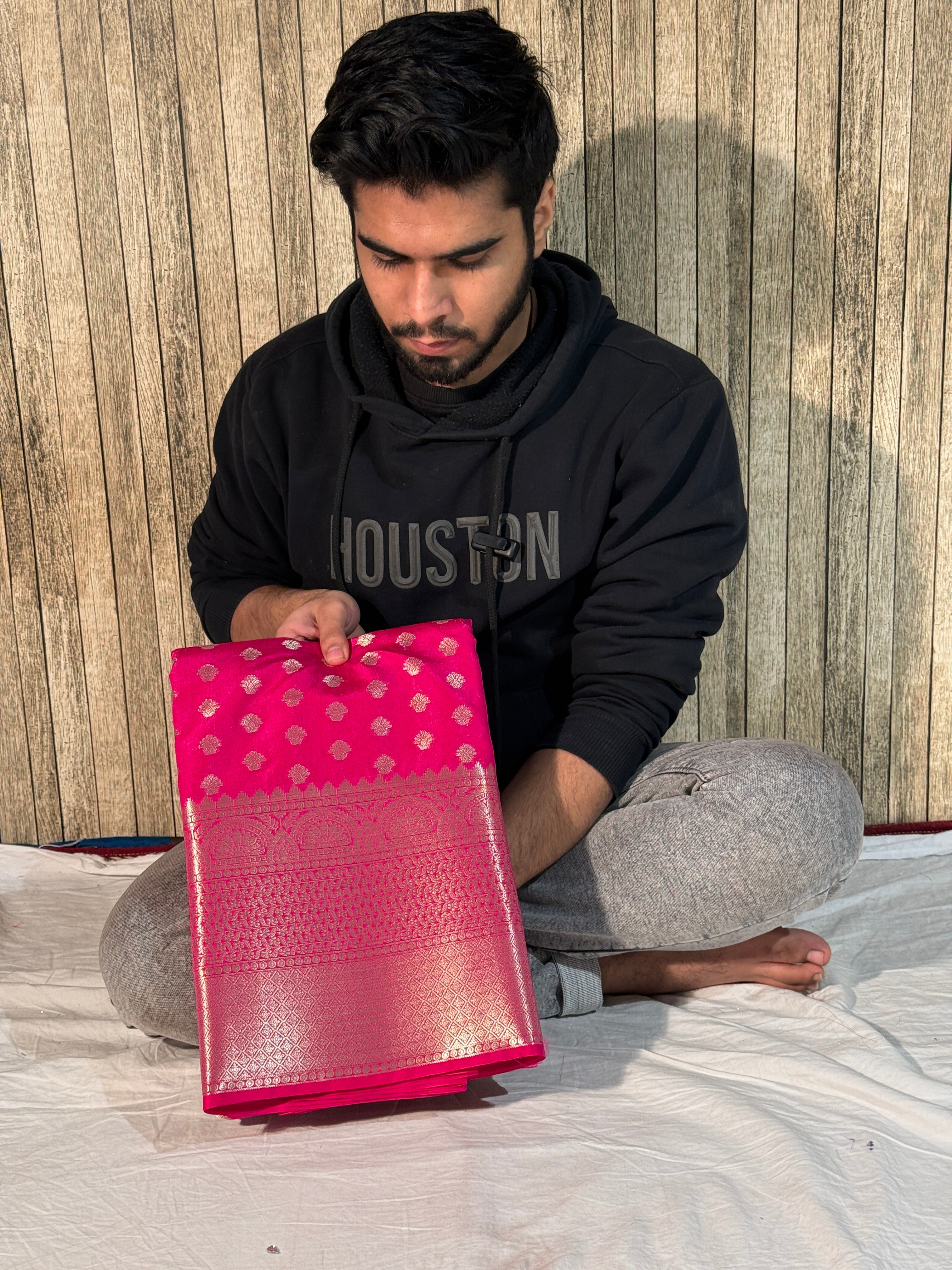 Rani Pink Premium Breathable Chiniya Silk Banarasi Saree