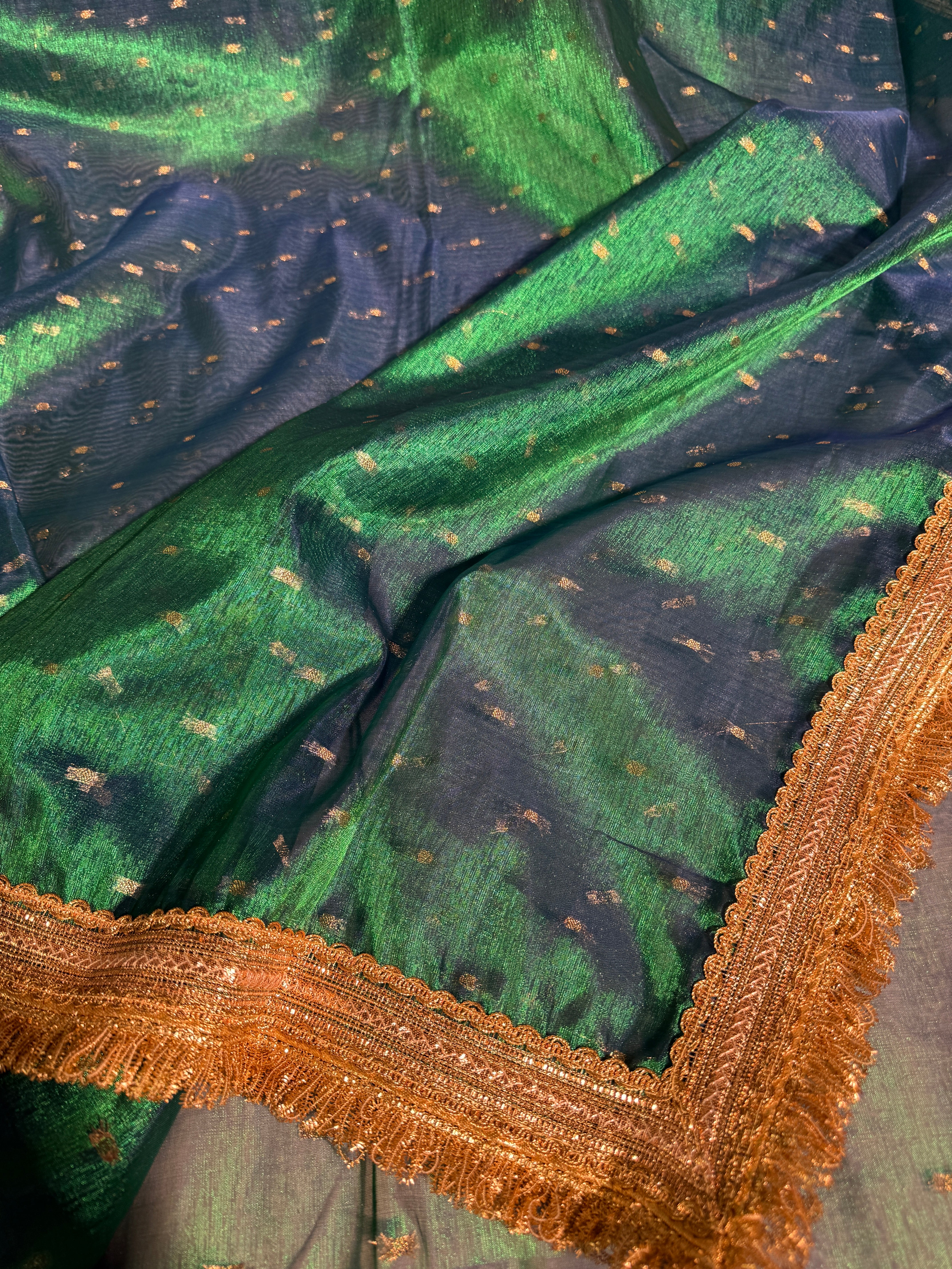 Metallic Sapphire Green Premium Tissue Silk Lace Attached Banarasi Saree