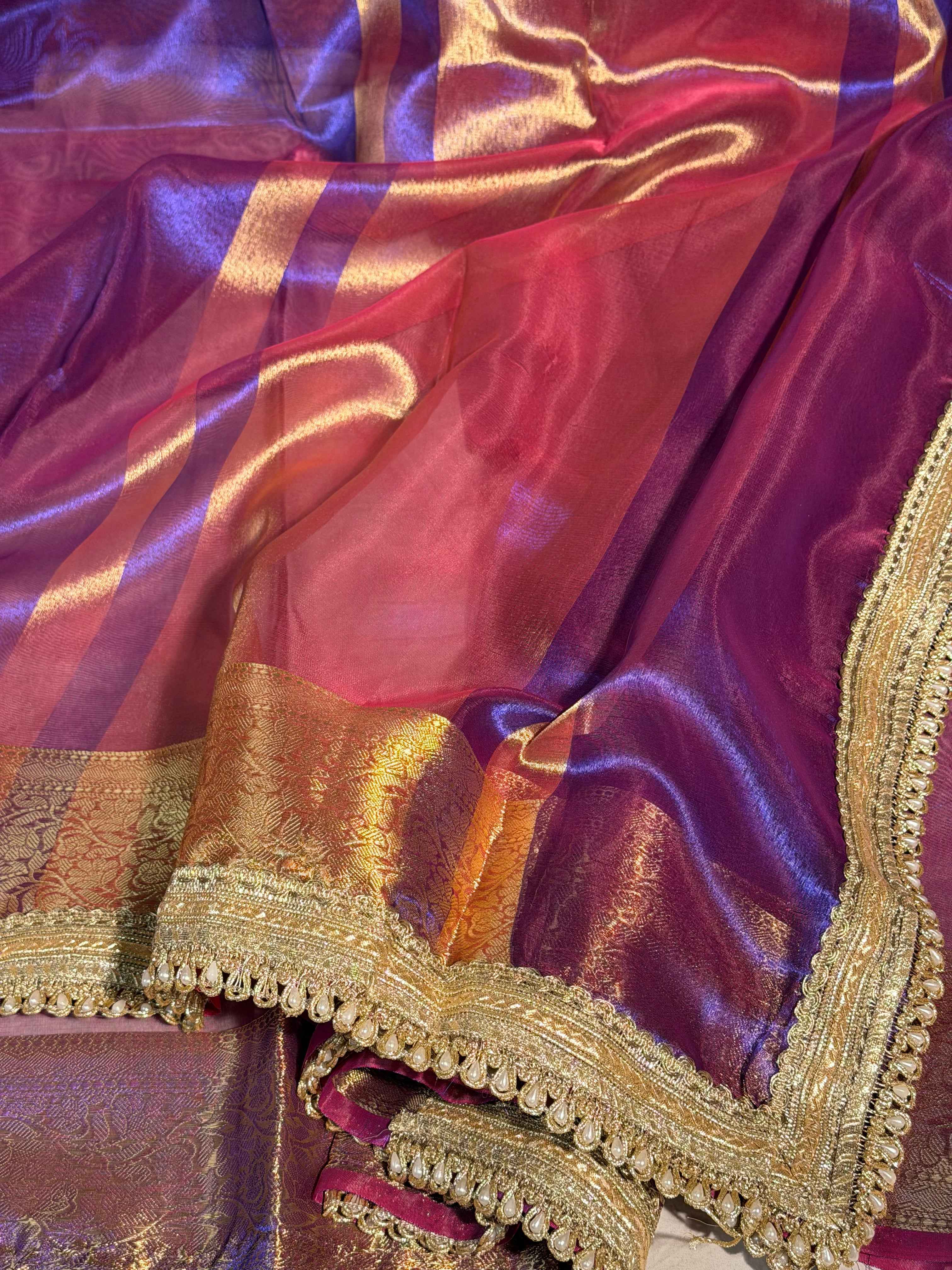 Rare Baigani Premium Tissue Silk Moti Lace Attached Banarasi Saree
