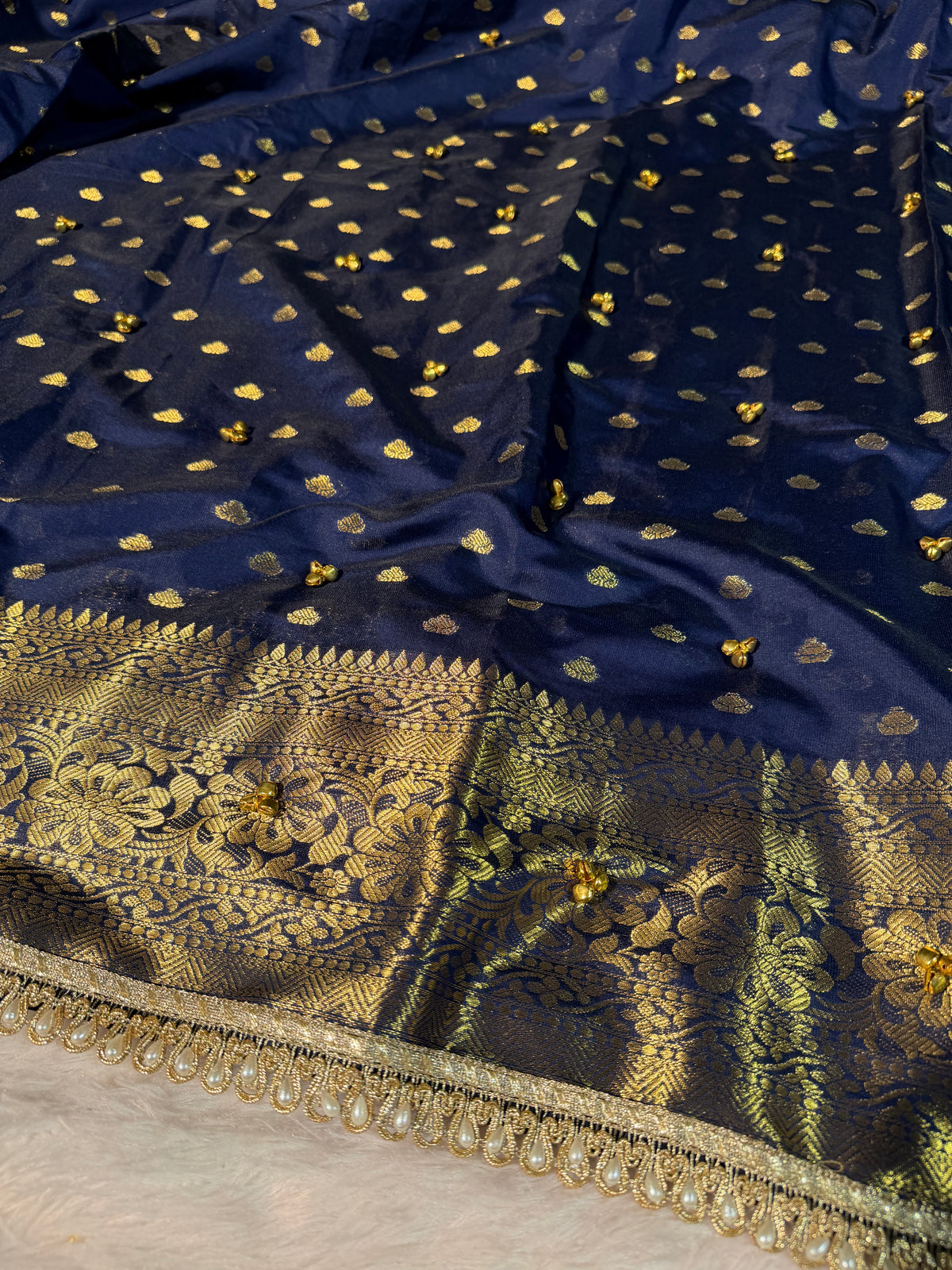 Viral Ghungroo Handwork Navy Blue Shade Premium Katan Silk Banarasi Saree