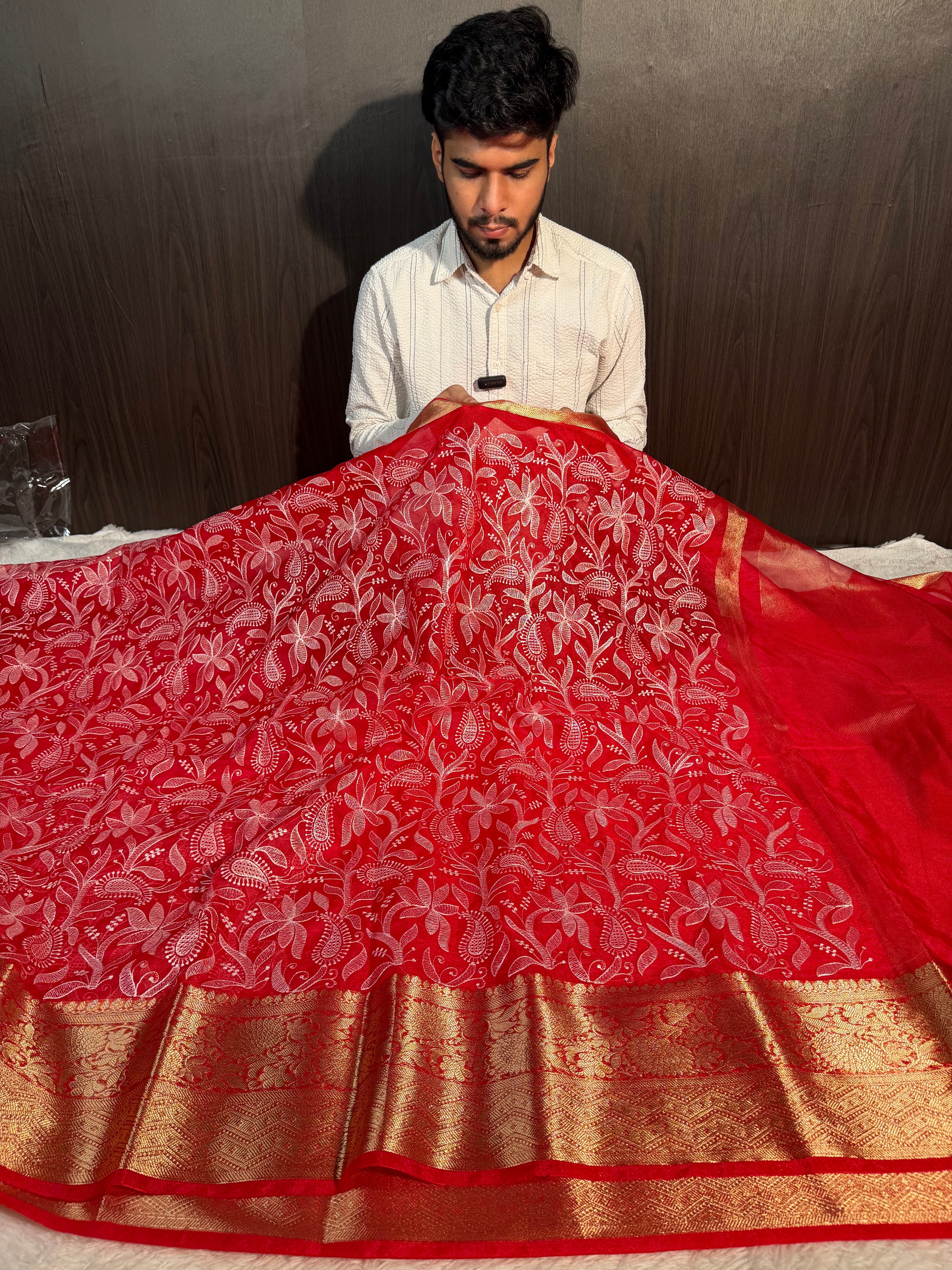 Bridal Red Premium Chikankari Organza Silk Banarasi Saree