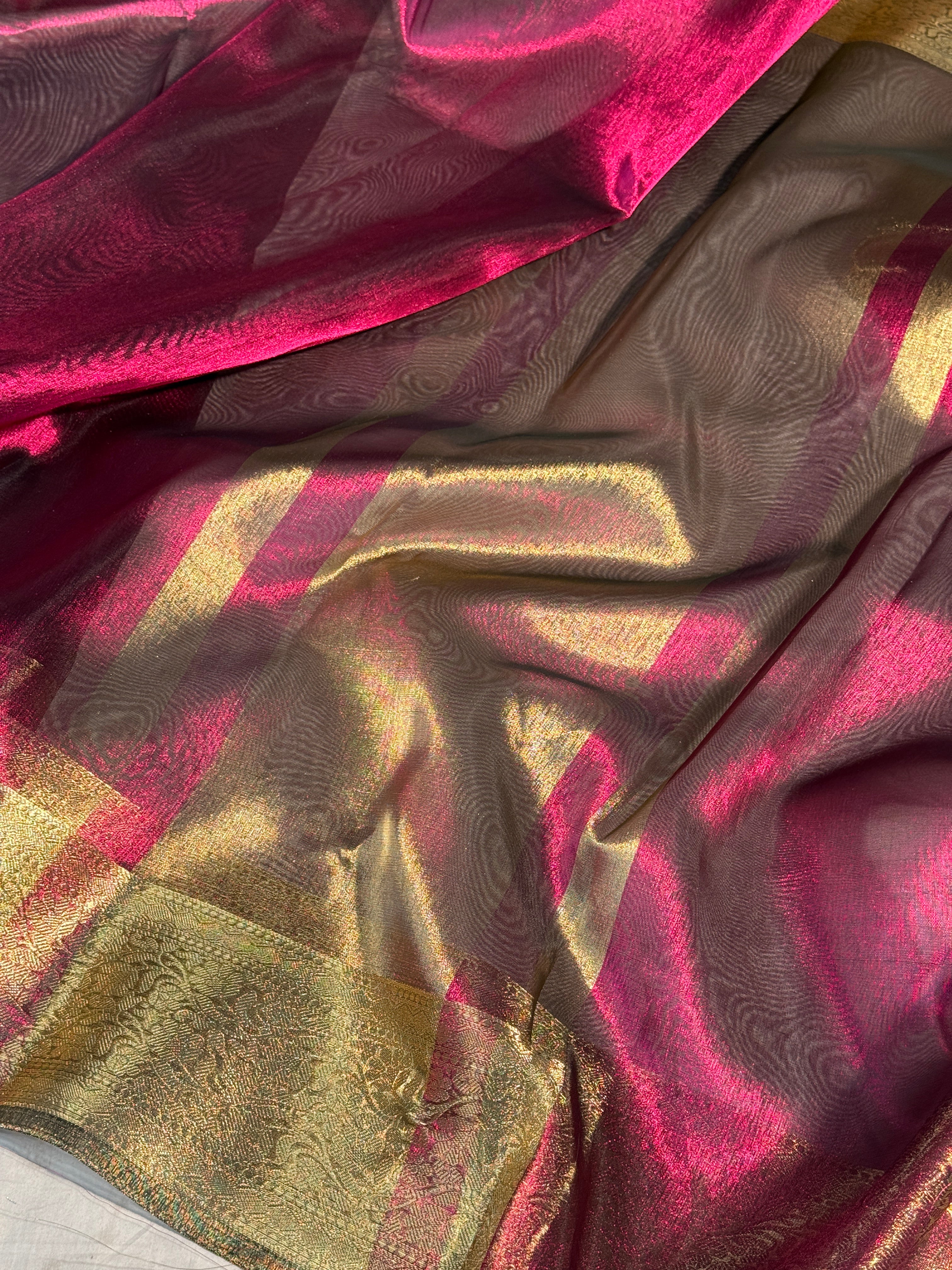 Ready To Wear Metallic Magenta Premium Tissue Silk Banarasi Saree