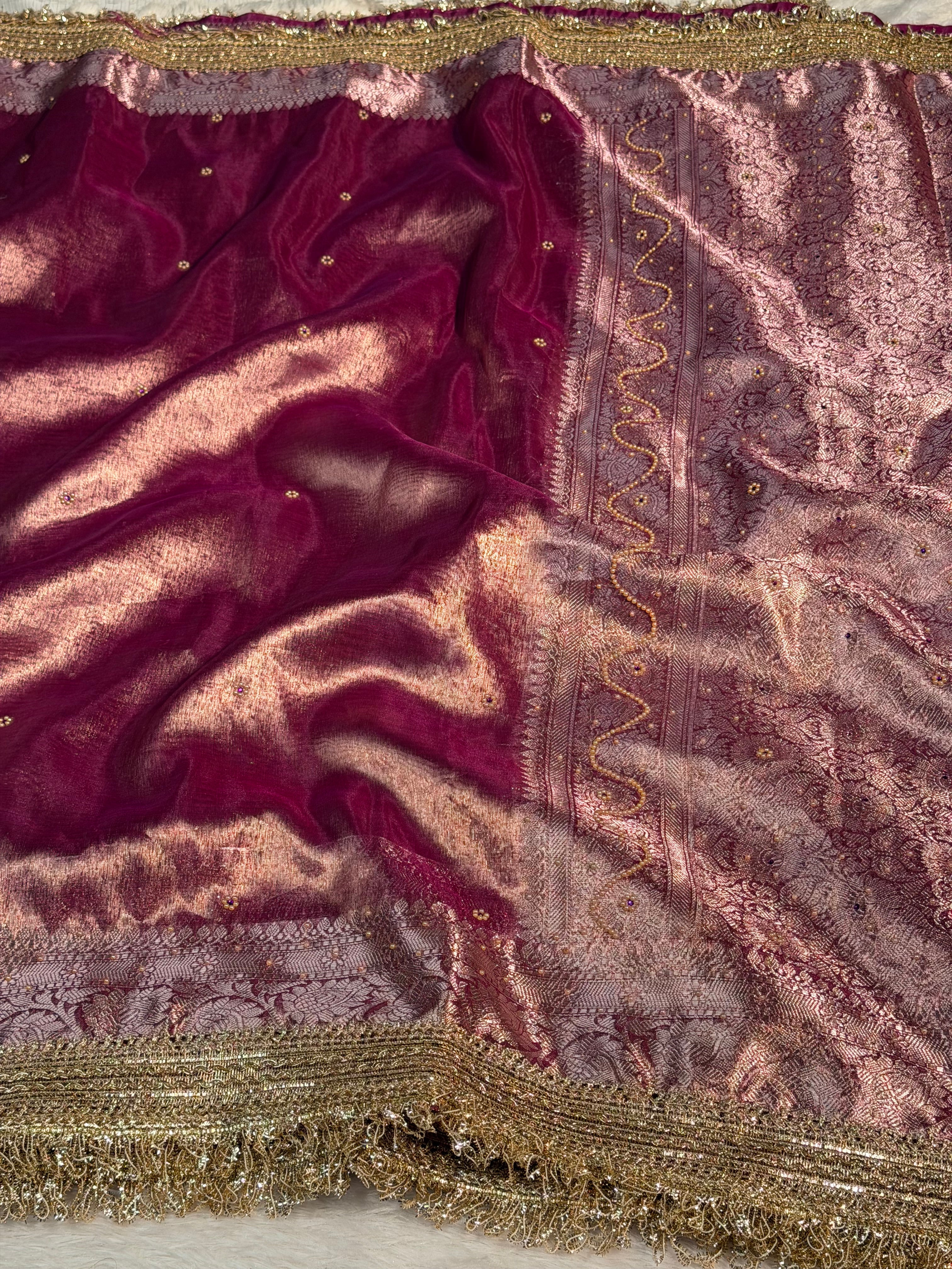 Rare Lavendar Premium Tissue Silk Saree Hand Moti Stone Work with Lace Attached