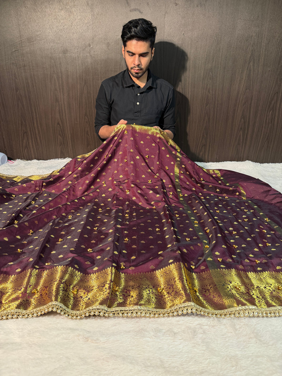 Viral Ghungroo Handwork Wine Shade Premium Katan Silk Banarasi Saree