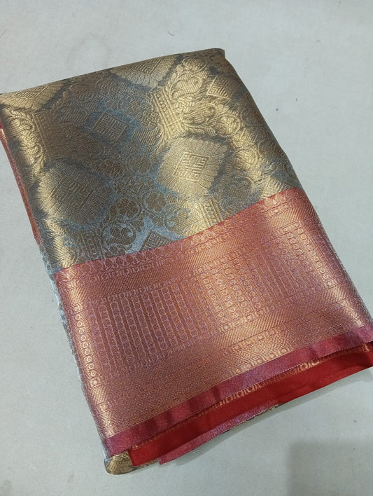 Metallic Grey Banarasi Bridal Tissue Silk Saree