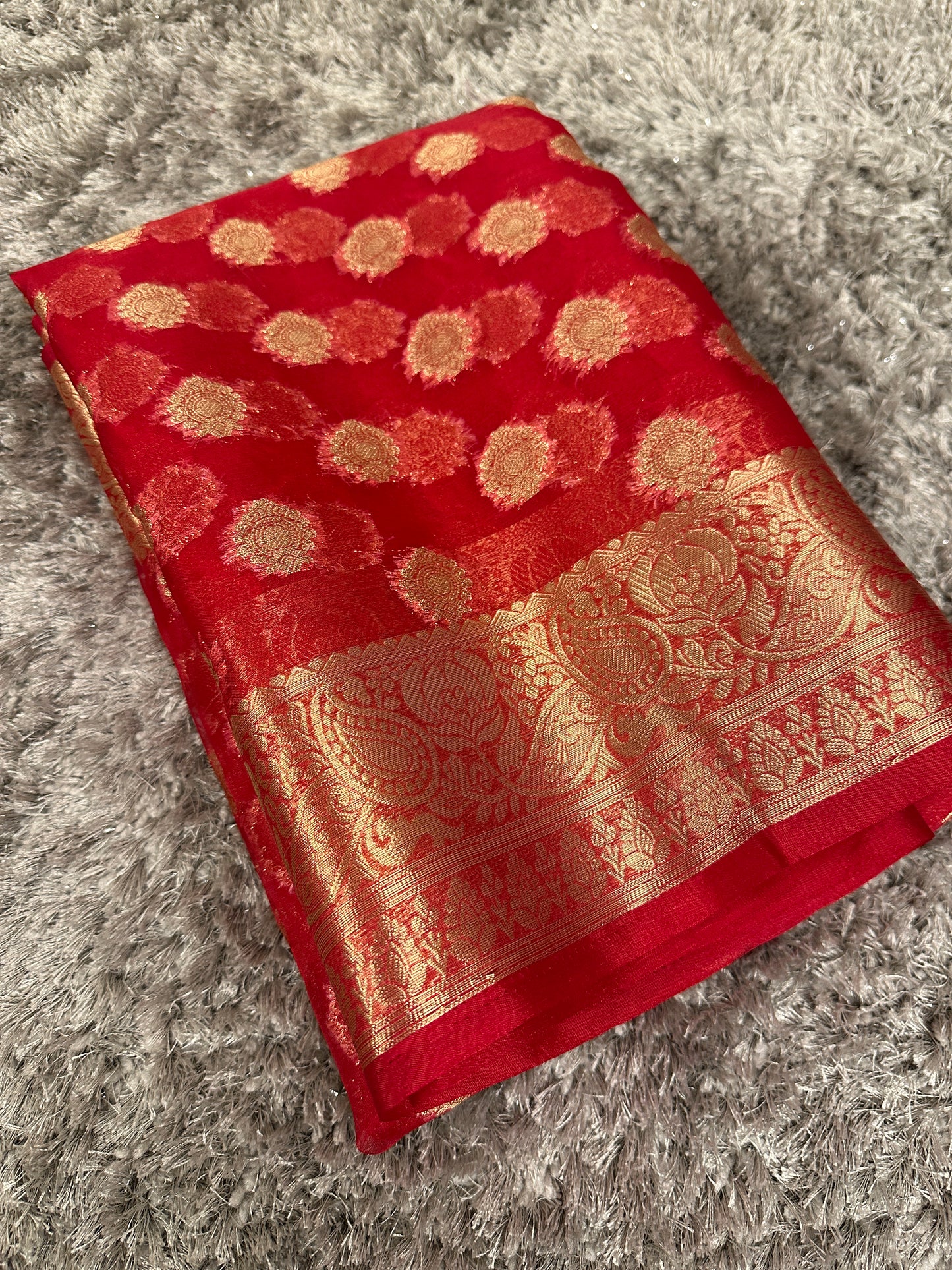 Beautiful Red Organza Silk Banarasi Saree with Premium Lace