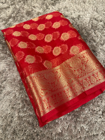 Beautiful Red Organza Silk Banarasi Saree with Premium Lace
