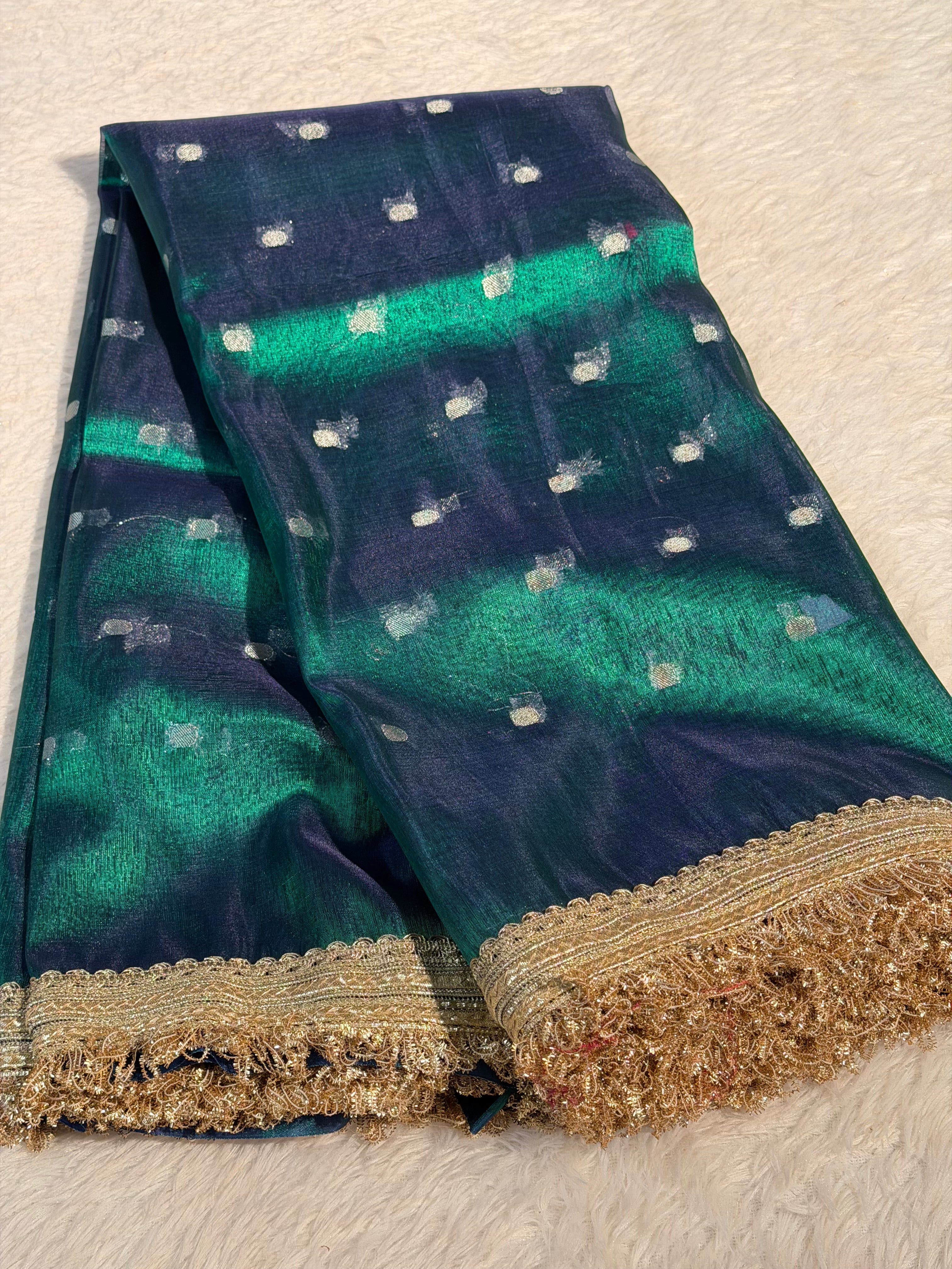 Sapphire Green Premium Soft Tissue Silk Banarasi Saree with Rich Zari Lace Attached