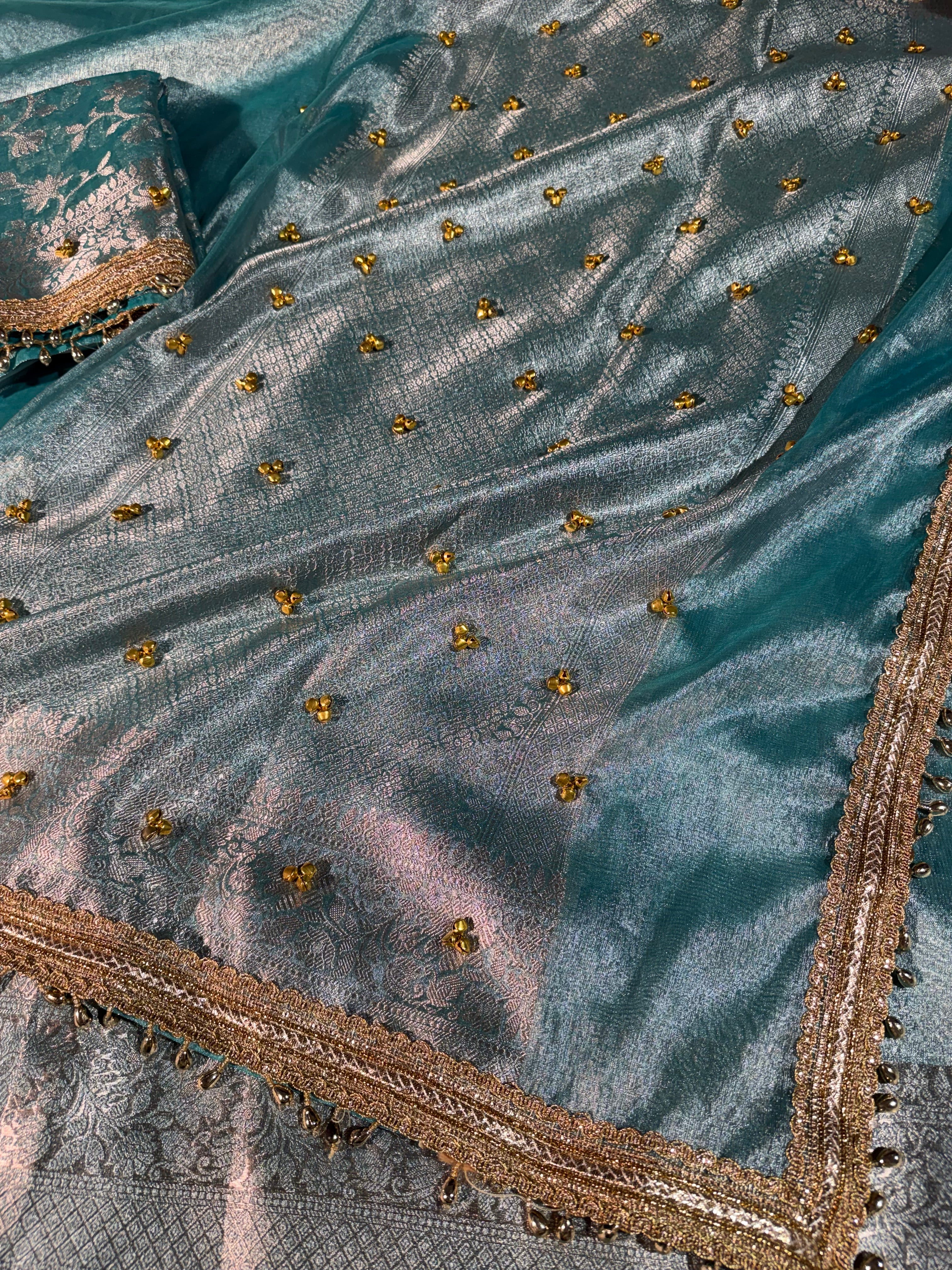 Ghungroo Handwork Metallic Seagreen Premium Tissue Silk Banarasi Saree