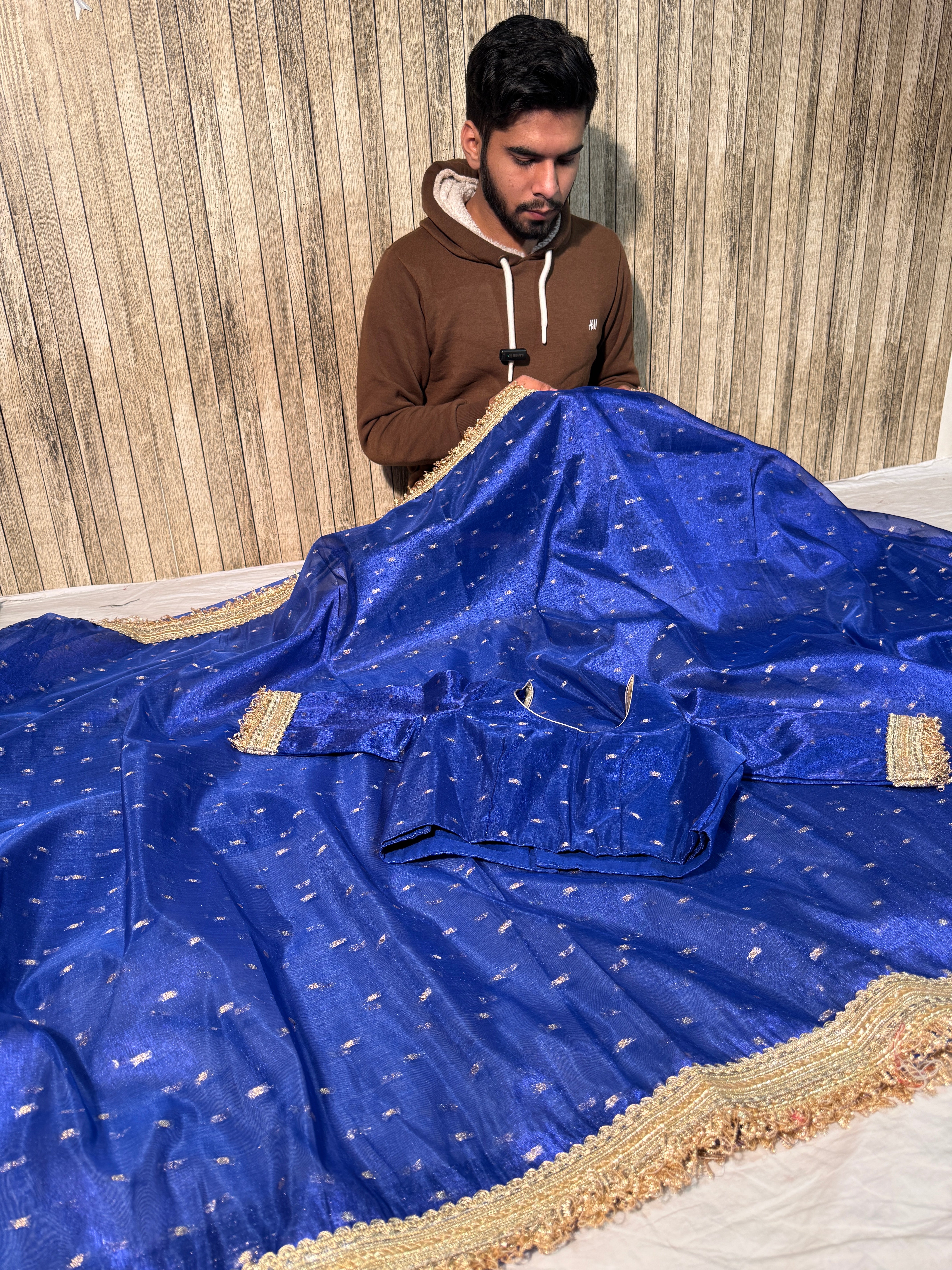 Ready To Wear Metallic Royal Blue Tissue Silk Saree with Lace Work