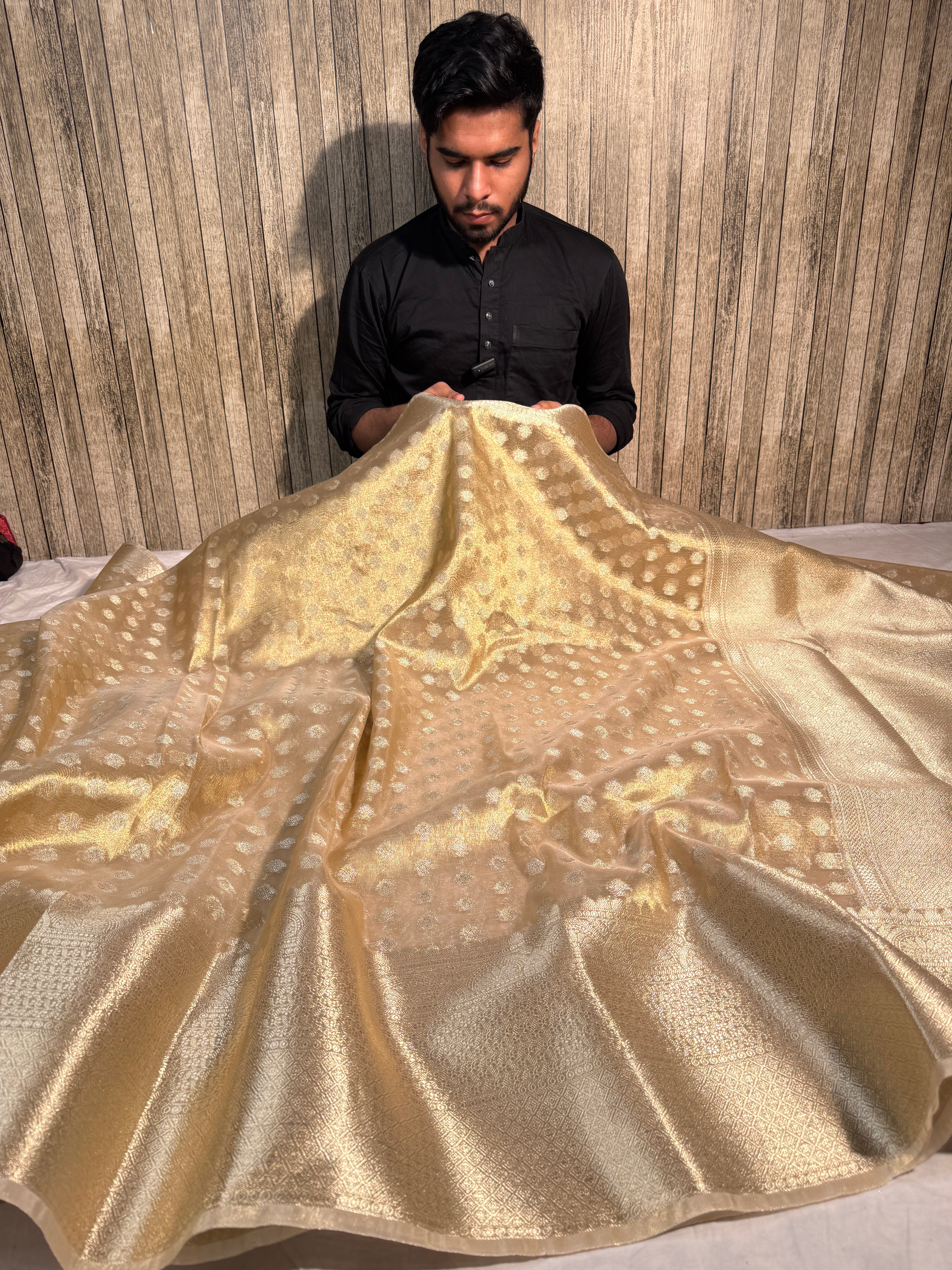 Allover Gold Premium Tissue Silk Zari Buti Weave Banarasi Saree