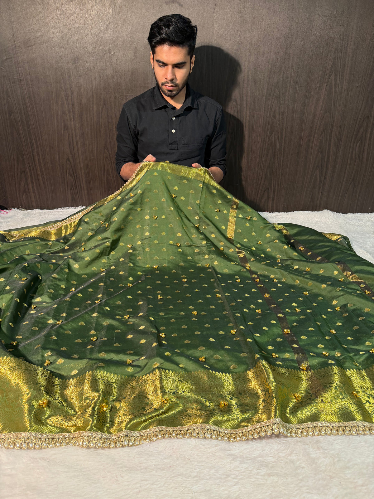Viral Ghungroo Handwork Mehendi Green Shade Premium Katan Silk Banarasi Saree