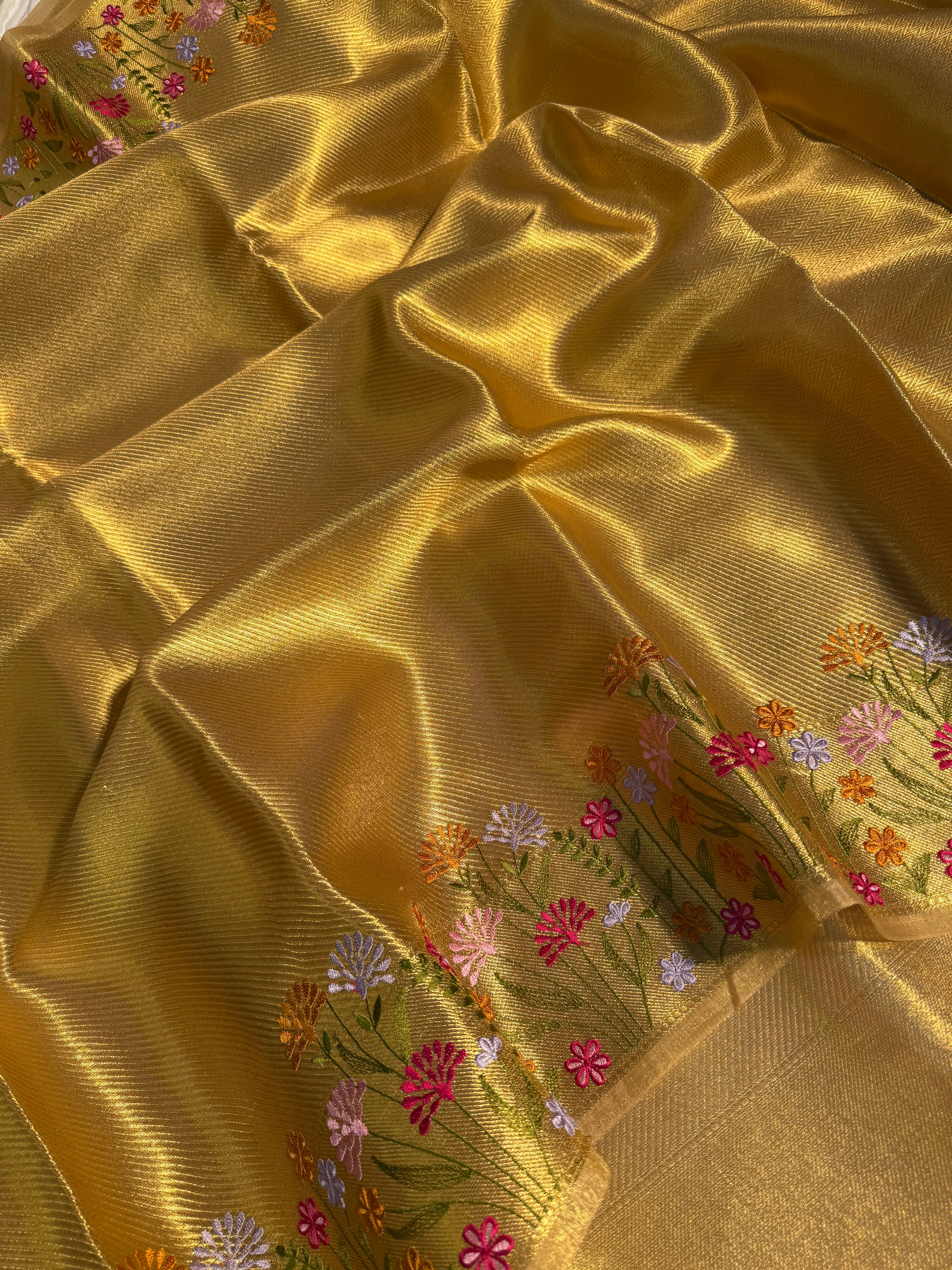Premium Tissue Silk Saree with Multi Floral Embroidered Borders