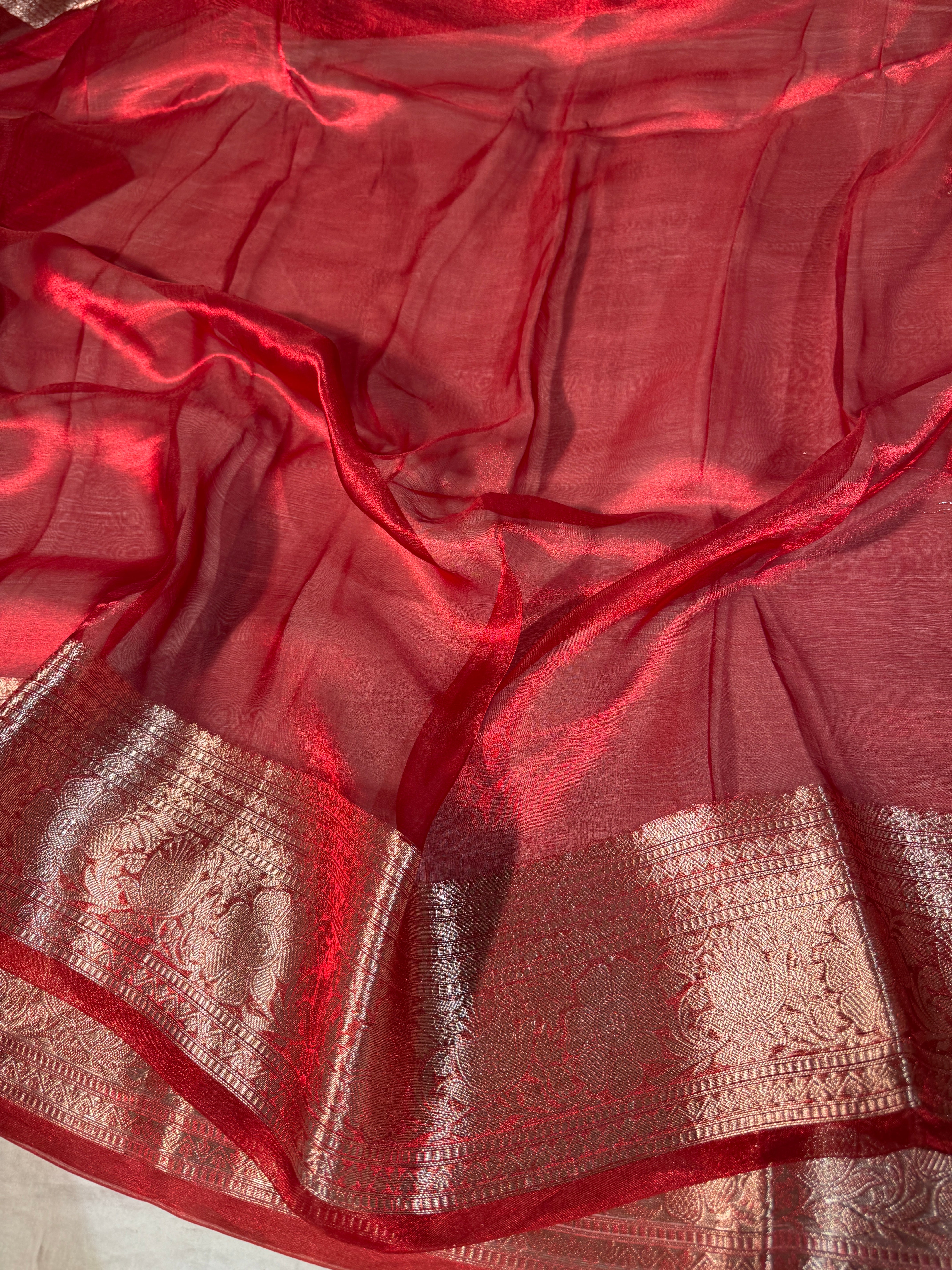 Carmine Red Pure Tissue Silk Banarasi Saree with Traditional Weave Borders