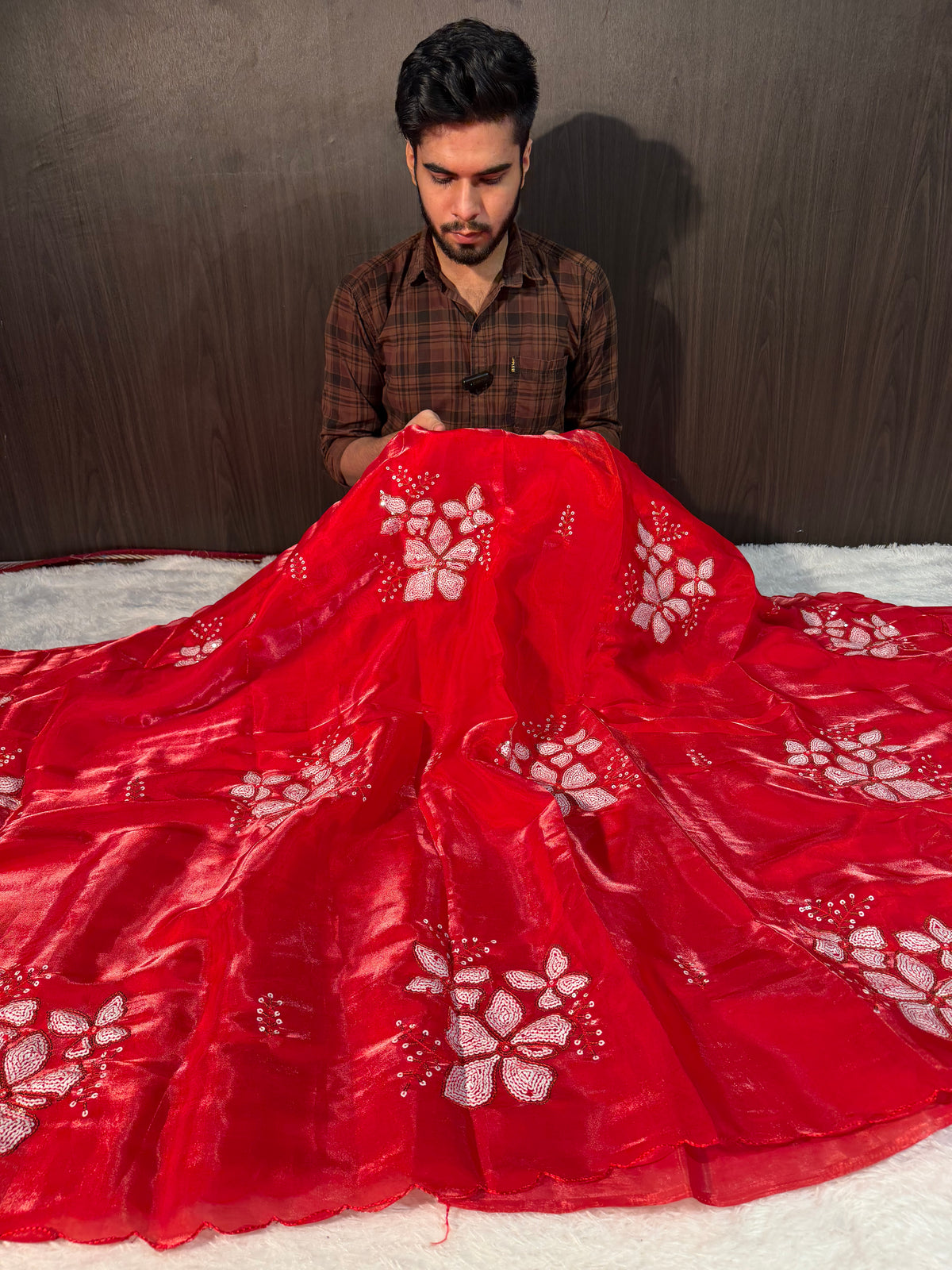 Celebrity Inspired Bridal Red Premium Shimmery Tissue Silk Designer Saree