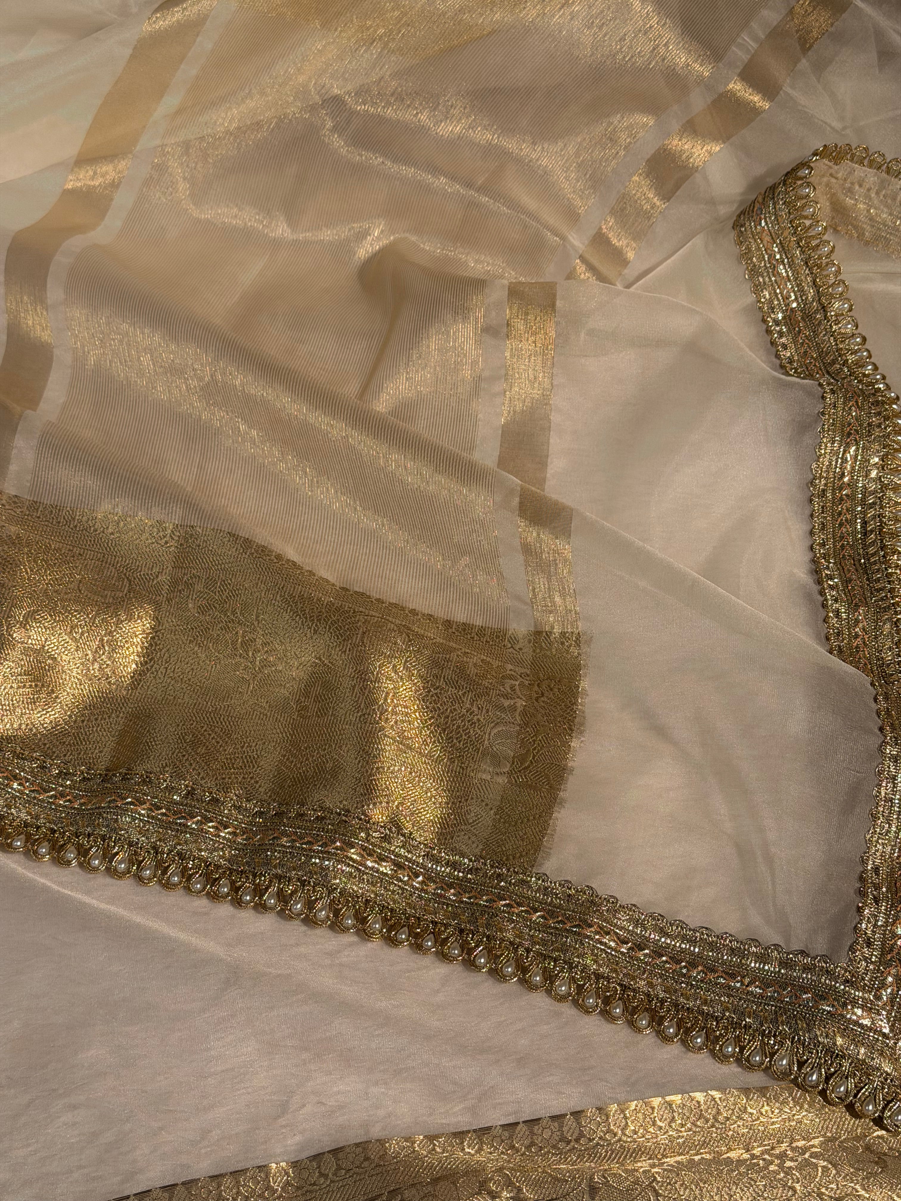 Light Cream Premium Organza Silk Banarasi Saree with Moti Lace