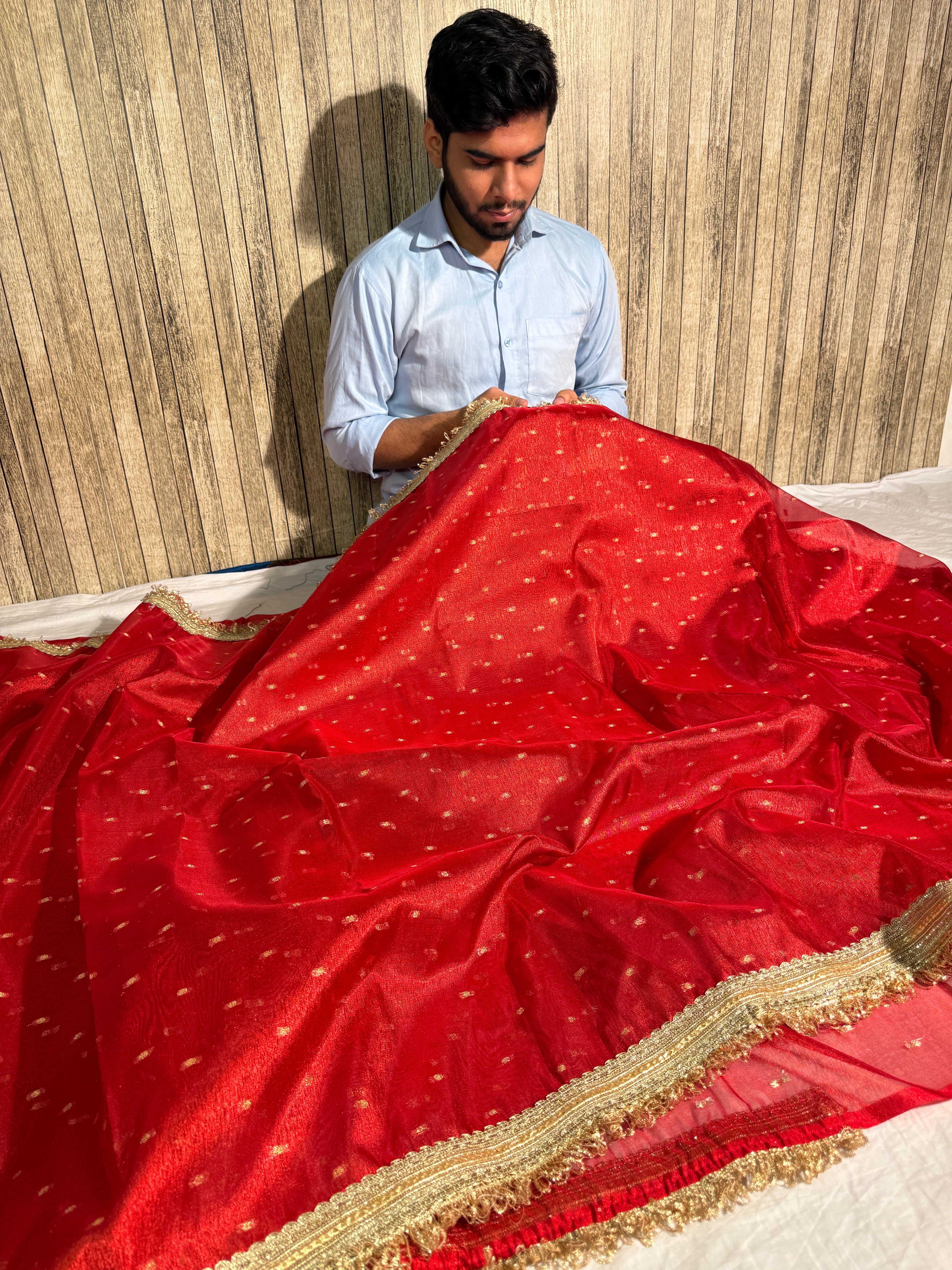 Metallic Red Premium Tissue Silk Lace Attached Banarasi Saree