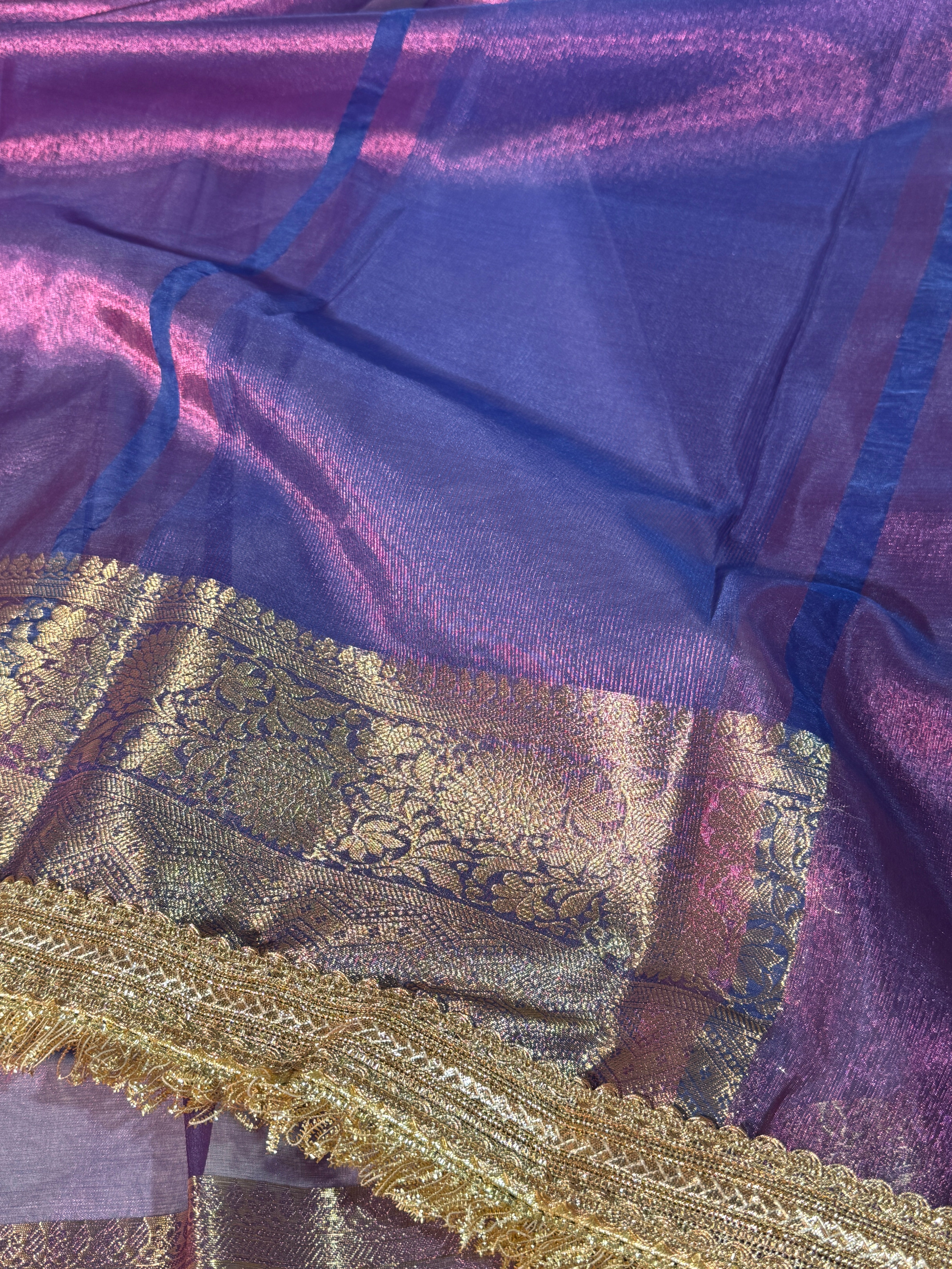 Rare Baigani Premium Tissue Silk Lace Work Banarasi Saree