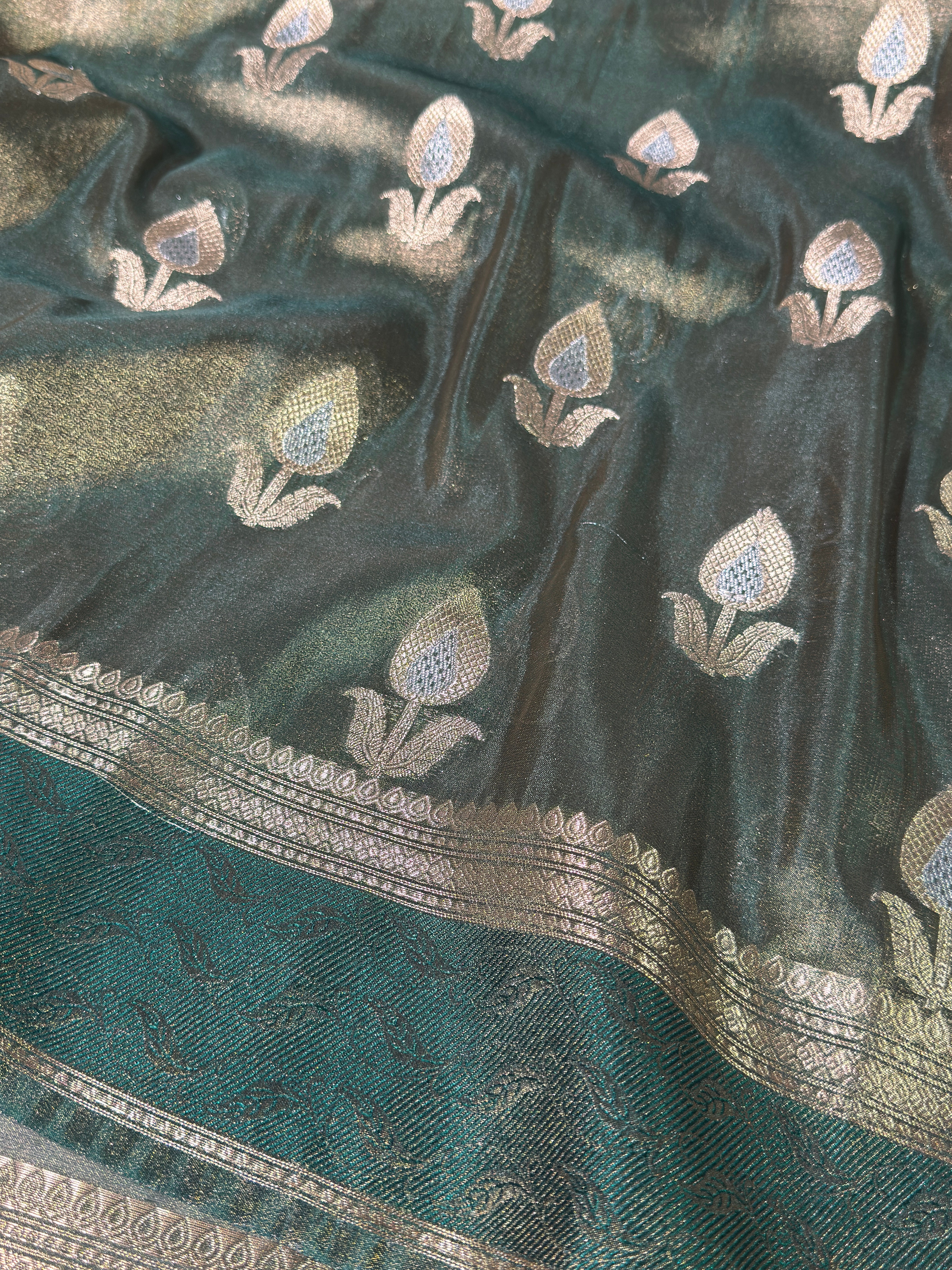 Metallic Bottle Green Premium Breathable Tissue Silk Banarasi Saree