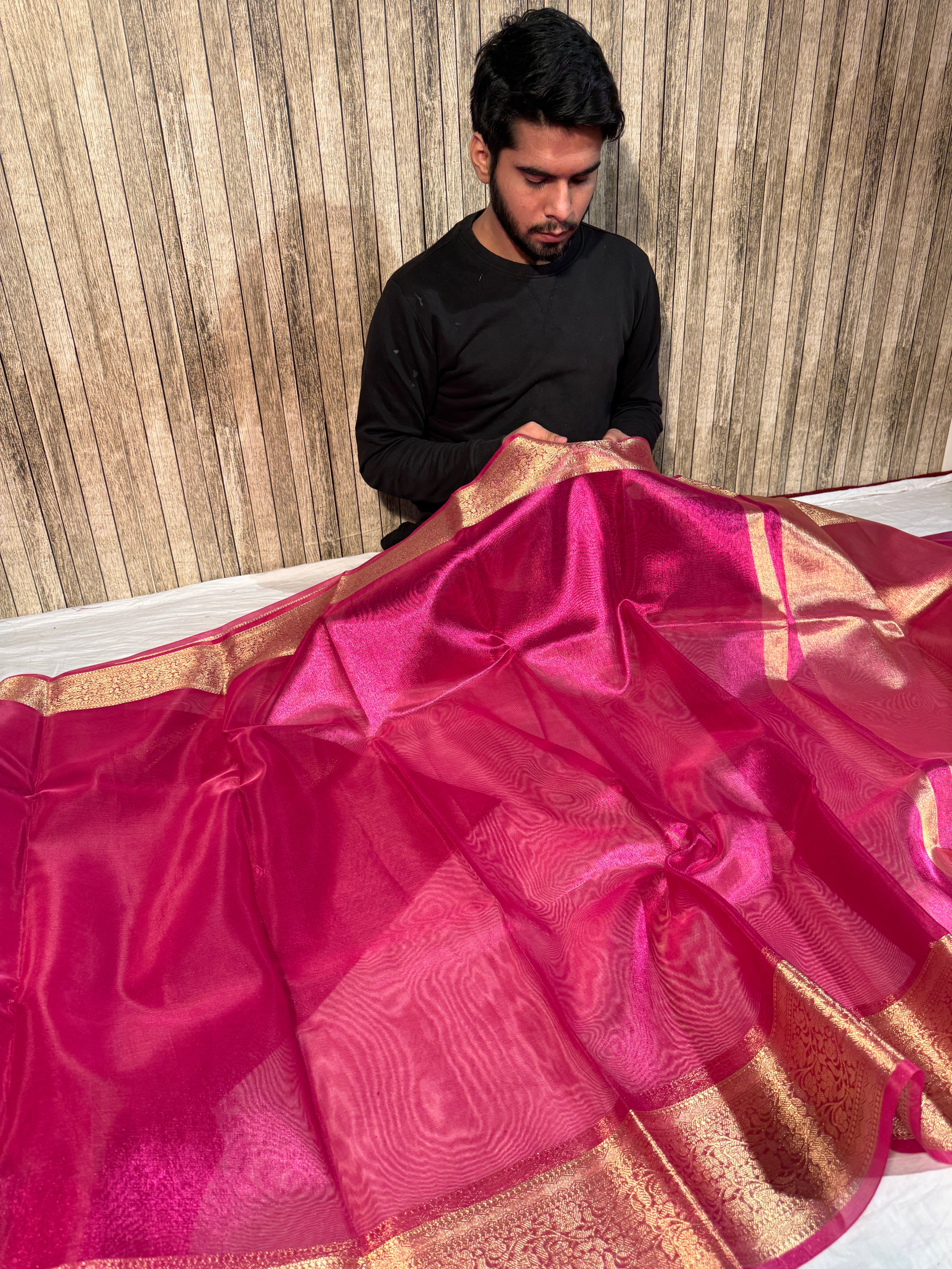 Metallic Rani Pink Premium Tissue Silk Saree with Traditional Floral Weave Borders