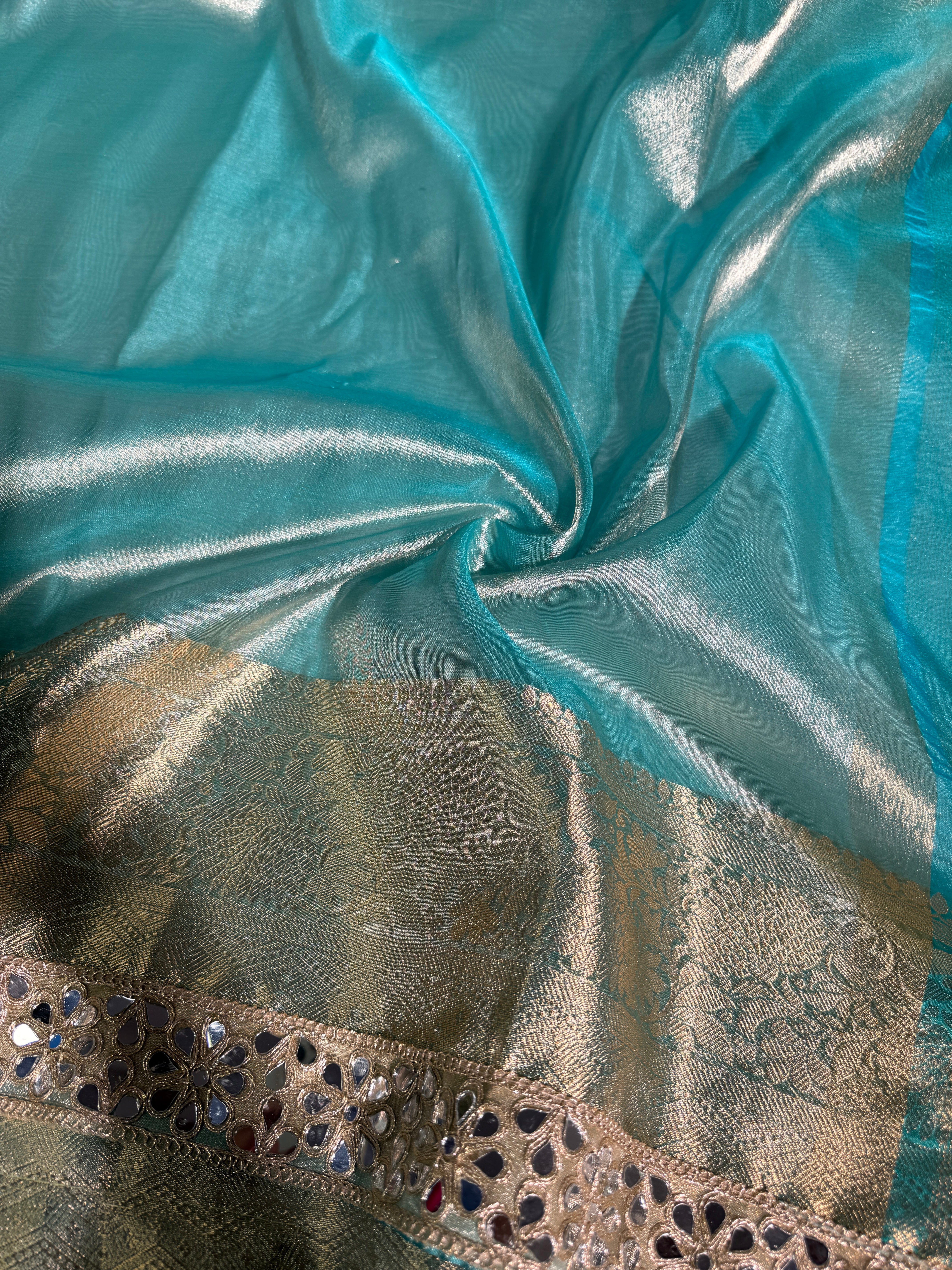 Sea Green Premium Tissue Silk Mirror Lace Work Banarasi Saree