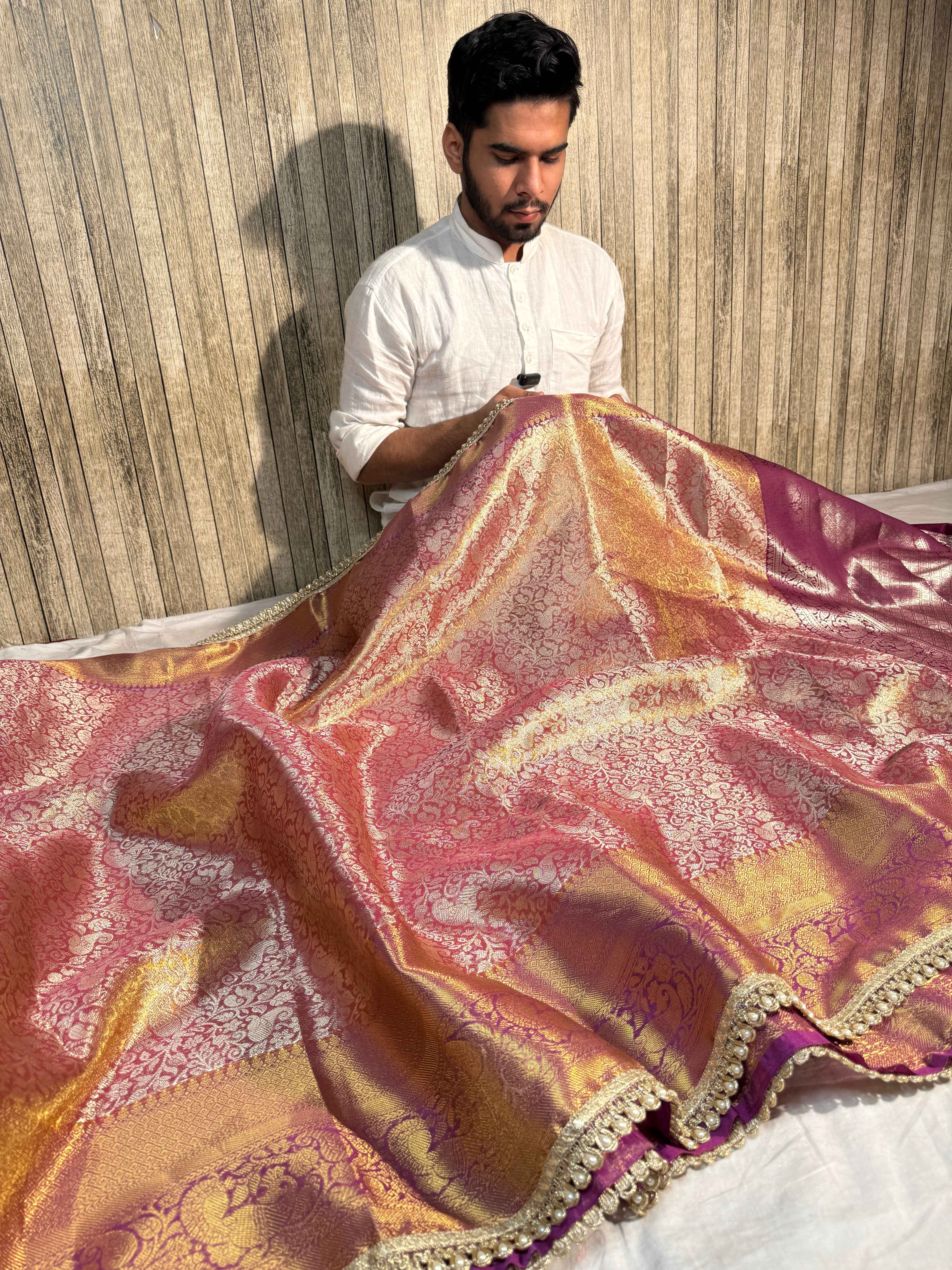 Dual Shaded Premium Kanjeevaram Tissue Silk Banarasi Saree with Moti Lace