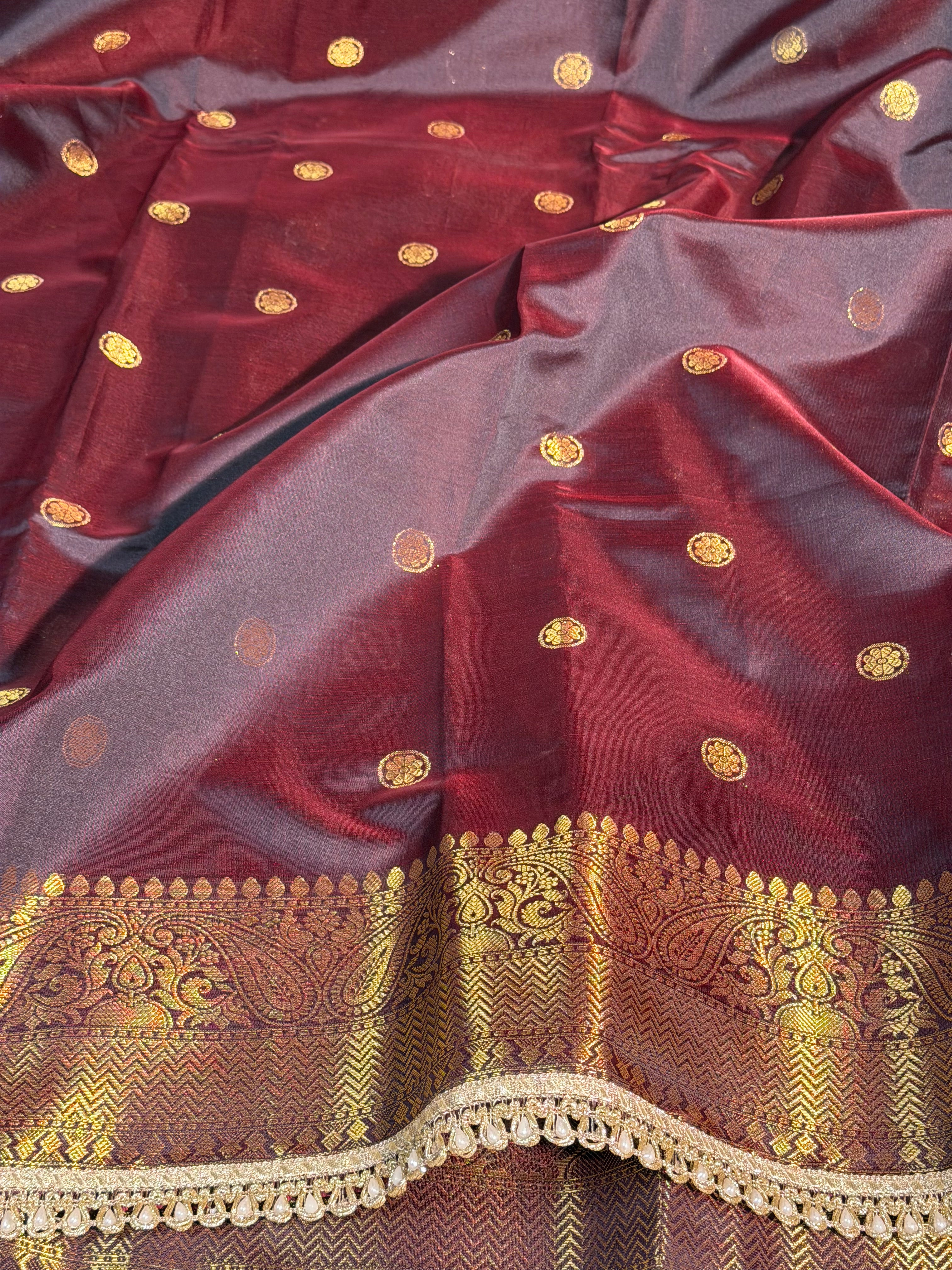 Coffee Brown Premium Soft Katan Silk Banarasi Saree with Moti Lace Work
