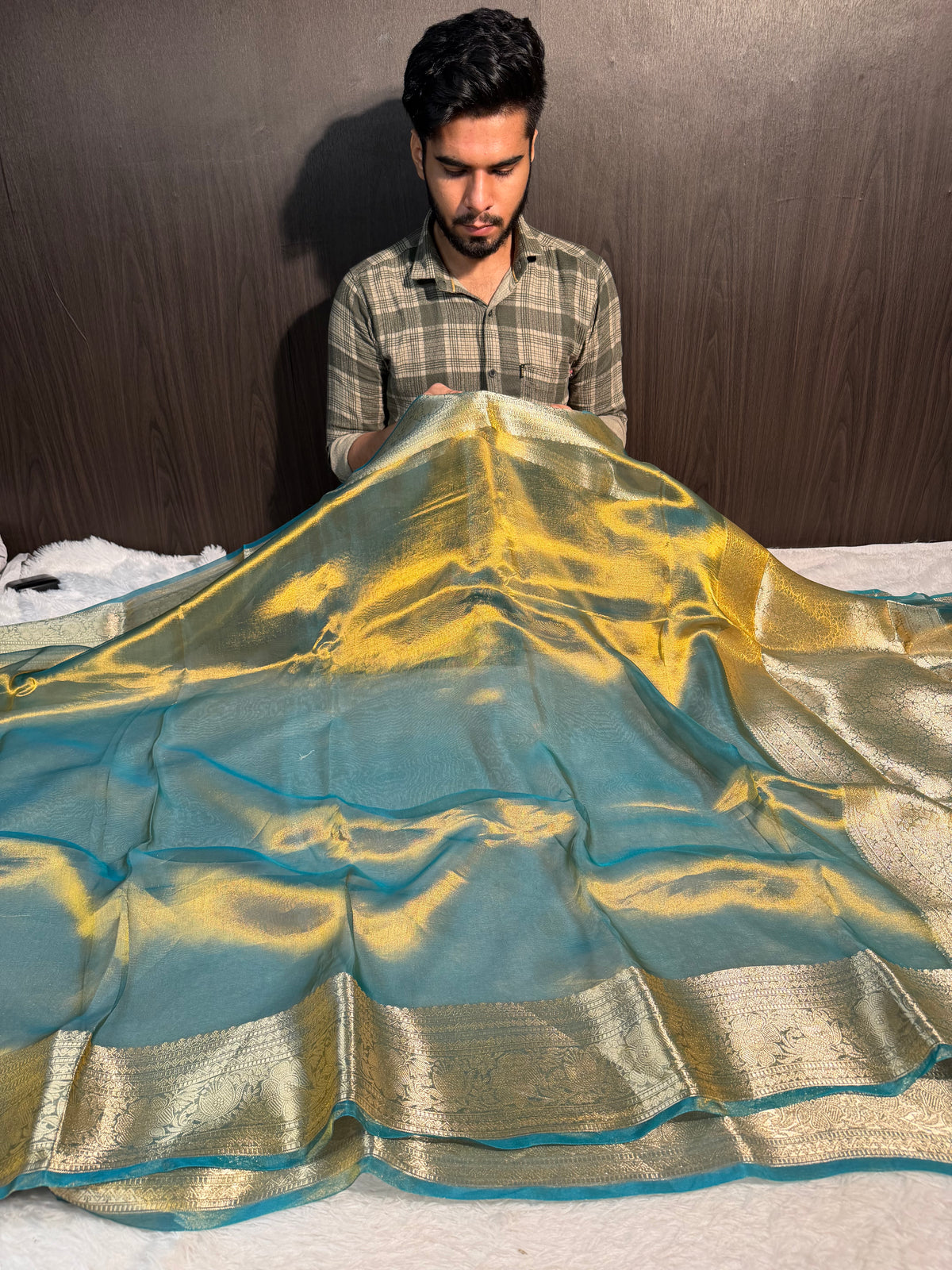 Dual Shaded Seagreen 100% Pure Tissue Silk Banarasi Saree