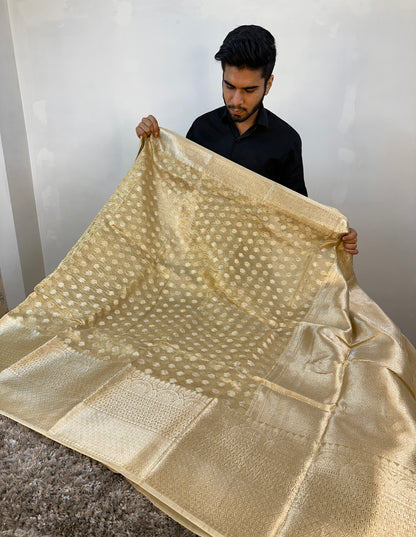 Celebrity Inspired Allover Gold Zari Bridal Kanjeevaram Tissue Banarasi Saree