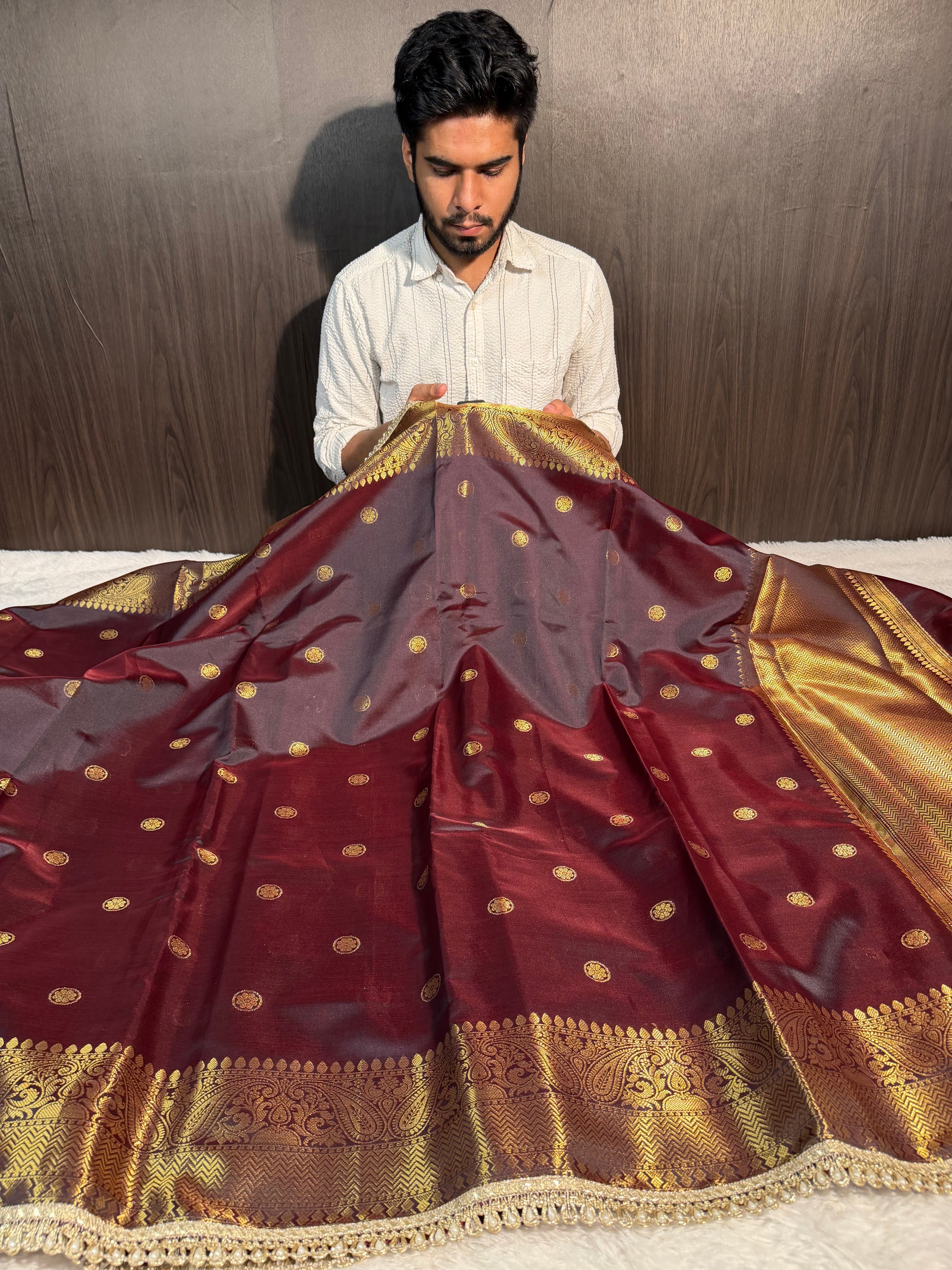 Coffee Brown Premium Soft Katan Silk Banarasi Saree with Moti Lace Work