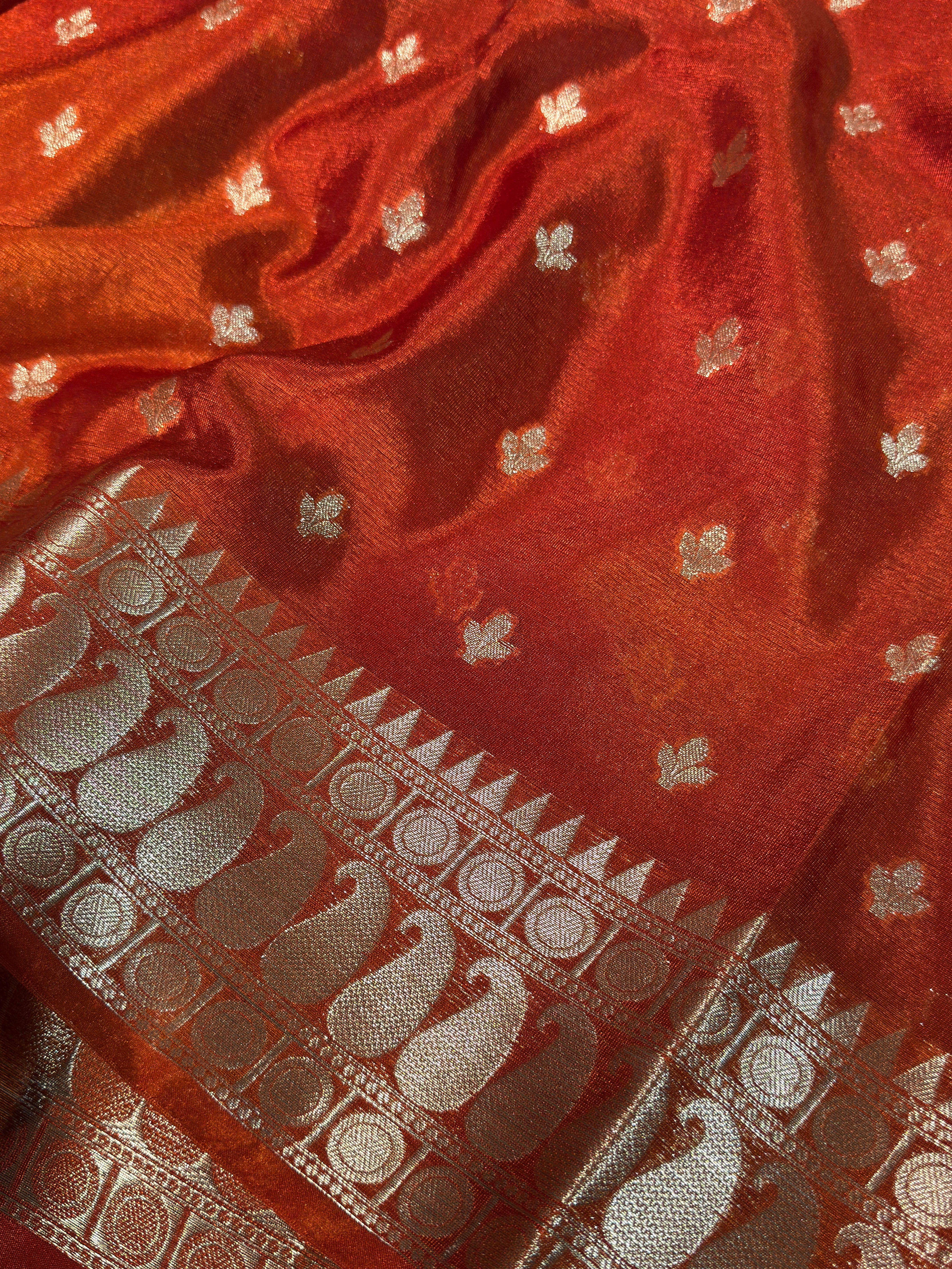 Rust Orange Premium Chiniya Silk Zari Buti Weave Banarasi Saree