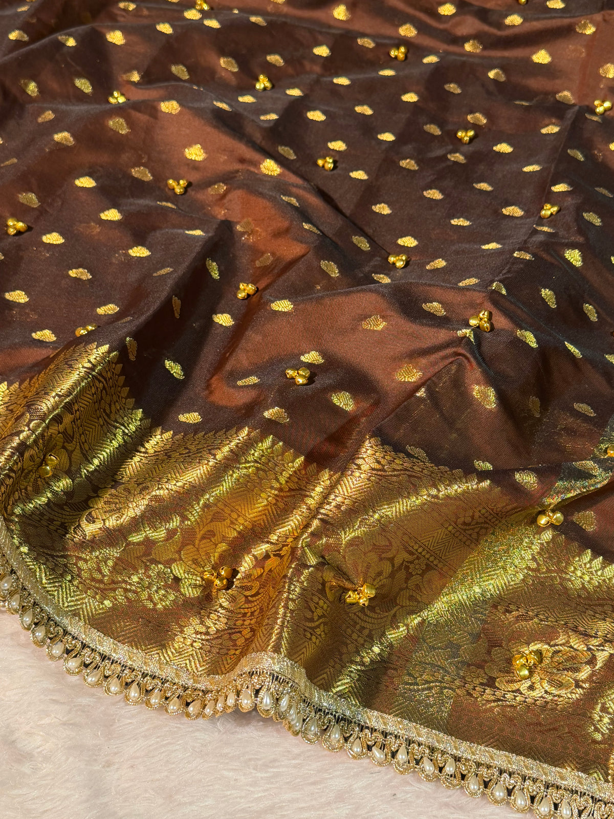 Viral Ghungroo Handwork Brown Premium Katan Silk Banarasi Saree