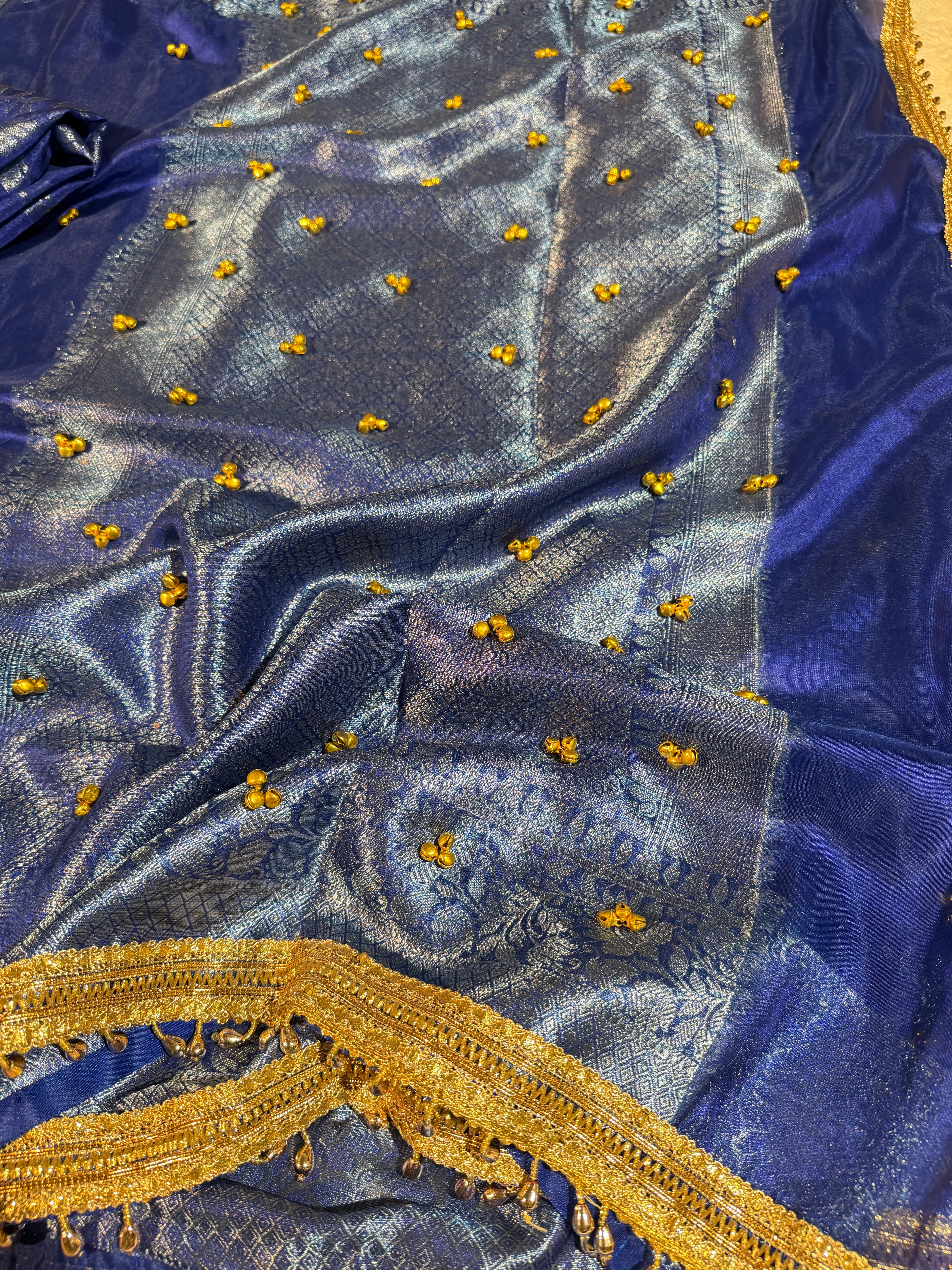 Ghungroo Handwork Metallic Royal Blue Premium Tissue Silk Banarasi Saree