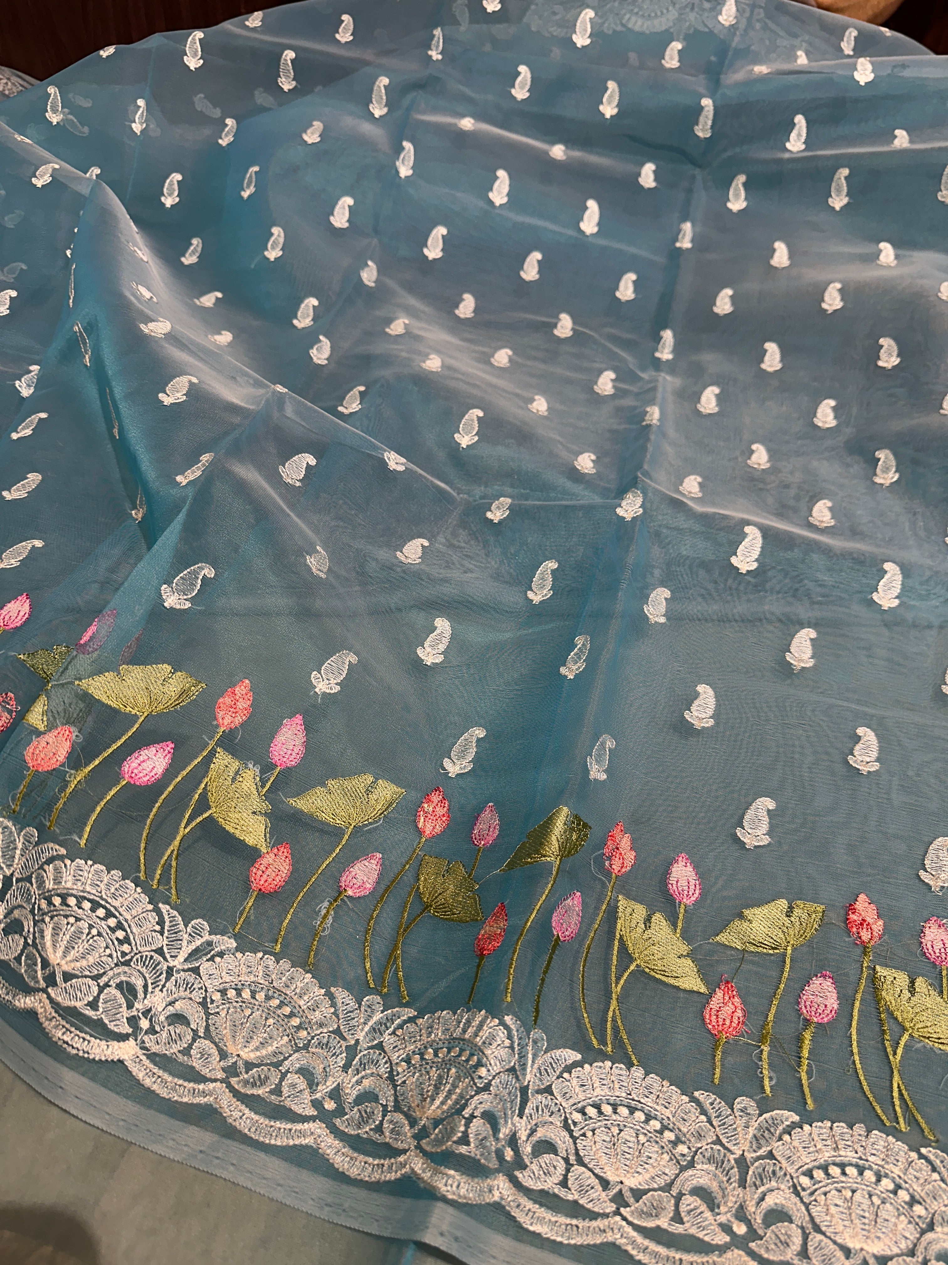 Pretty Firozi Multi Floral Chikankari Banarasi Organza Silk Saree