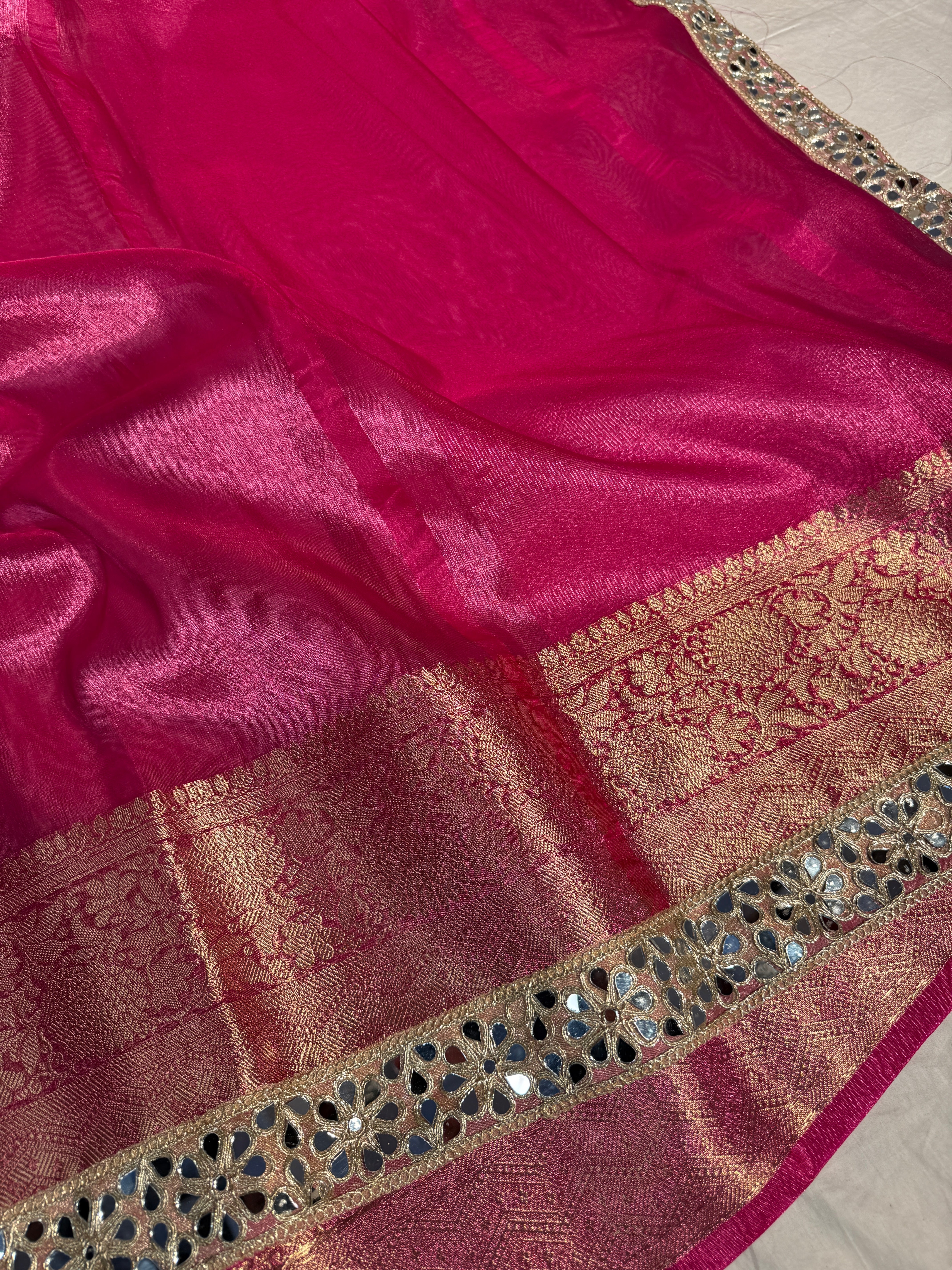 Metallic Rani Pink Premium Tissue Silk Mirror Lace Work Banarasi Saree